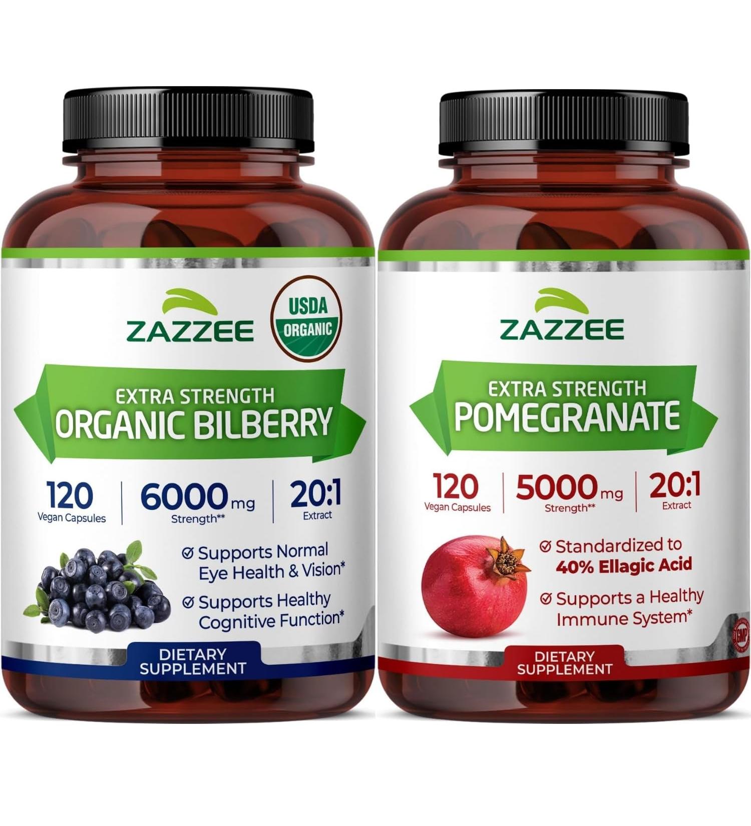 Zazzee Pomegranate Extract and Organic Bilberry Extract Capsules | 20:1 Bilberry Supplement Plus Pomegranate Supplement | Antioxidant Support Bundle - Buy Online on GoSupps.com