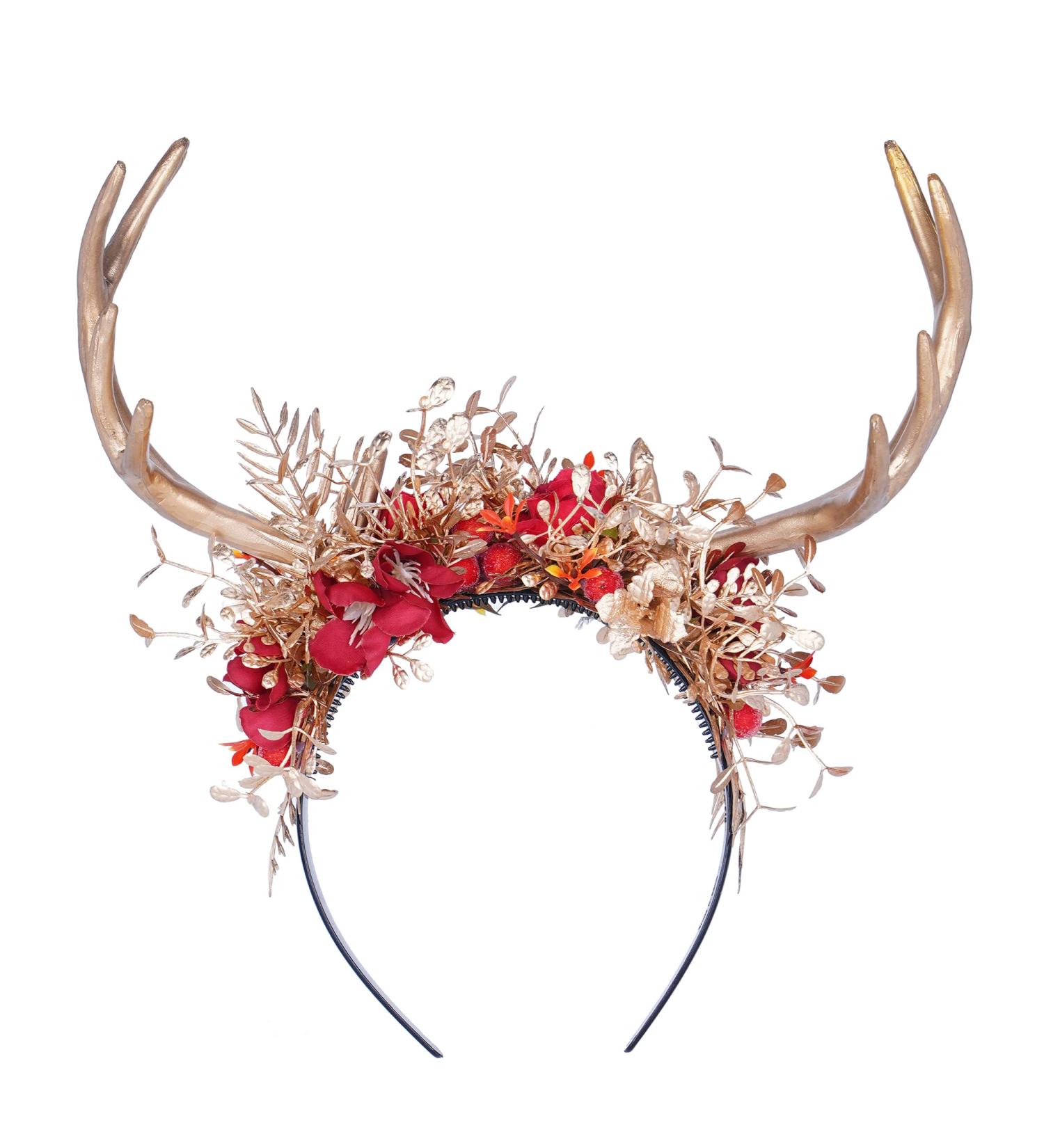 MOSTORY Handmade Branches Crown Woodland Antler Headband Fairy Floral Headpiece Deer Horns Hair Garland for Adults Witch Cosplay Costume Accessory Party Wedding Maternity Photography Golden Red - Buy Online on GoSupps.com