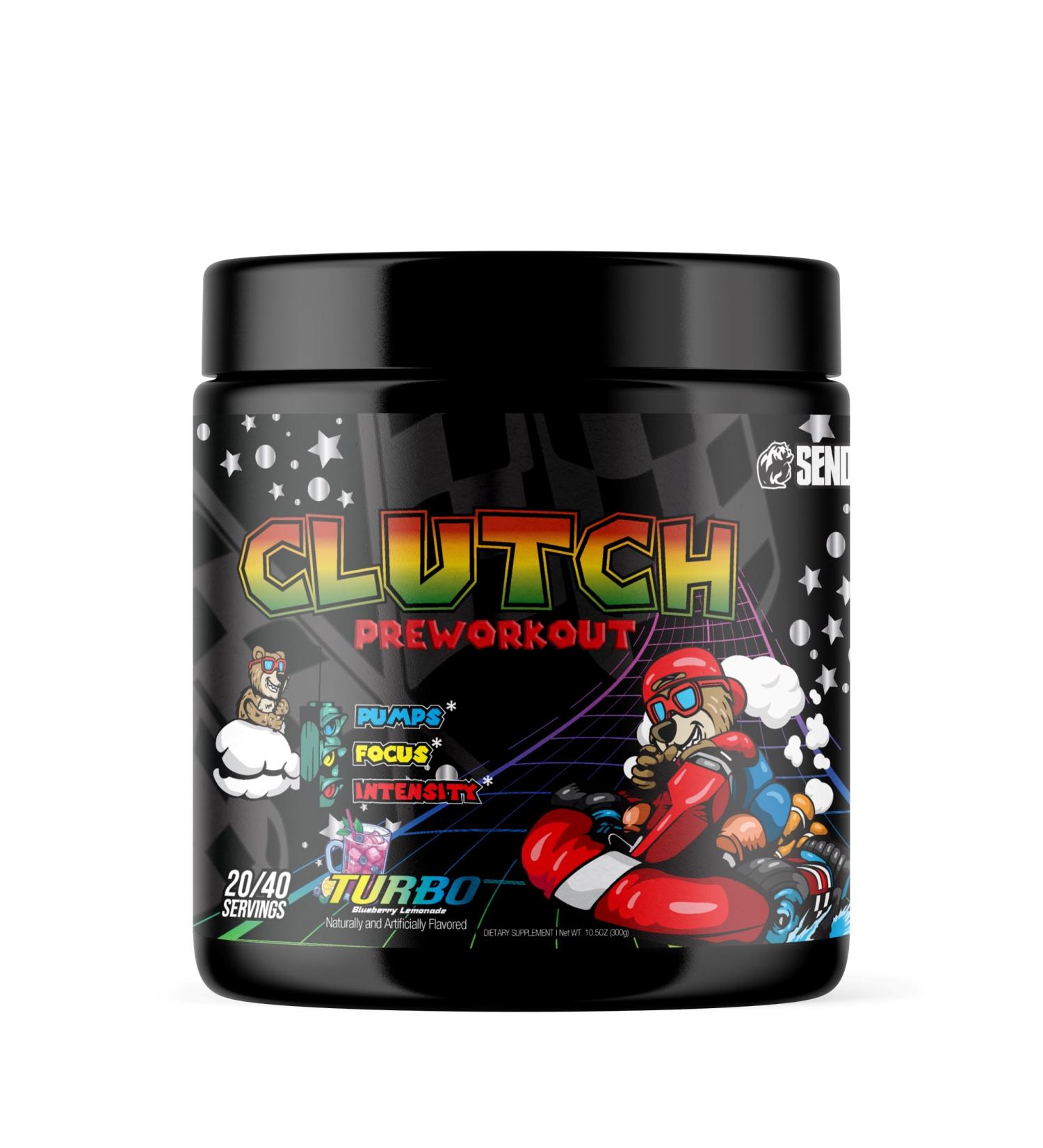 Sender Brand Clutch Turbo - High-Stim Pre-Workout Powerhouse with Beta Alanine Taurine Nitrosigine Tyrosine Caffeine Bitter Orange and Alpha Yohimbine for Intense Workouts Turbo (Blueberry Lemonade)