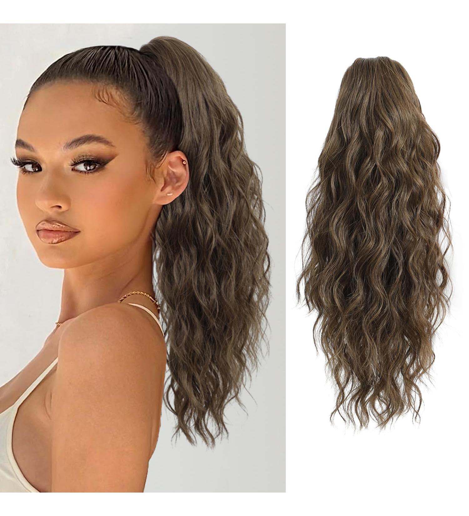 FINE PLUS 18 Claw Ponytail Hair Extension - Natural Wavy Highlights - Synthetic Hairpiece for Women - Blonde with Brown Highlights - Buy Online on GoSupps.com