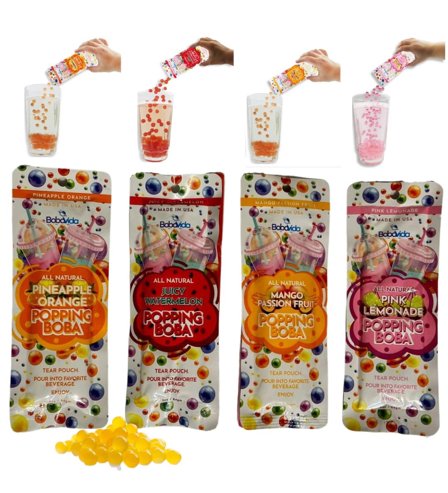 Popping Instant Boba Pearls Bubble Tea Tapioca Balls Vegan - Real Fruit Juice Flavors - Party Kit Drink & Dessert Topping - Single Serve Travel Size - Individual Packages - Mango, Passion Fruit, Pineapple, Orange, Pink Lemonade, Watermelon - Buy Online on GoSupps.com