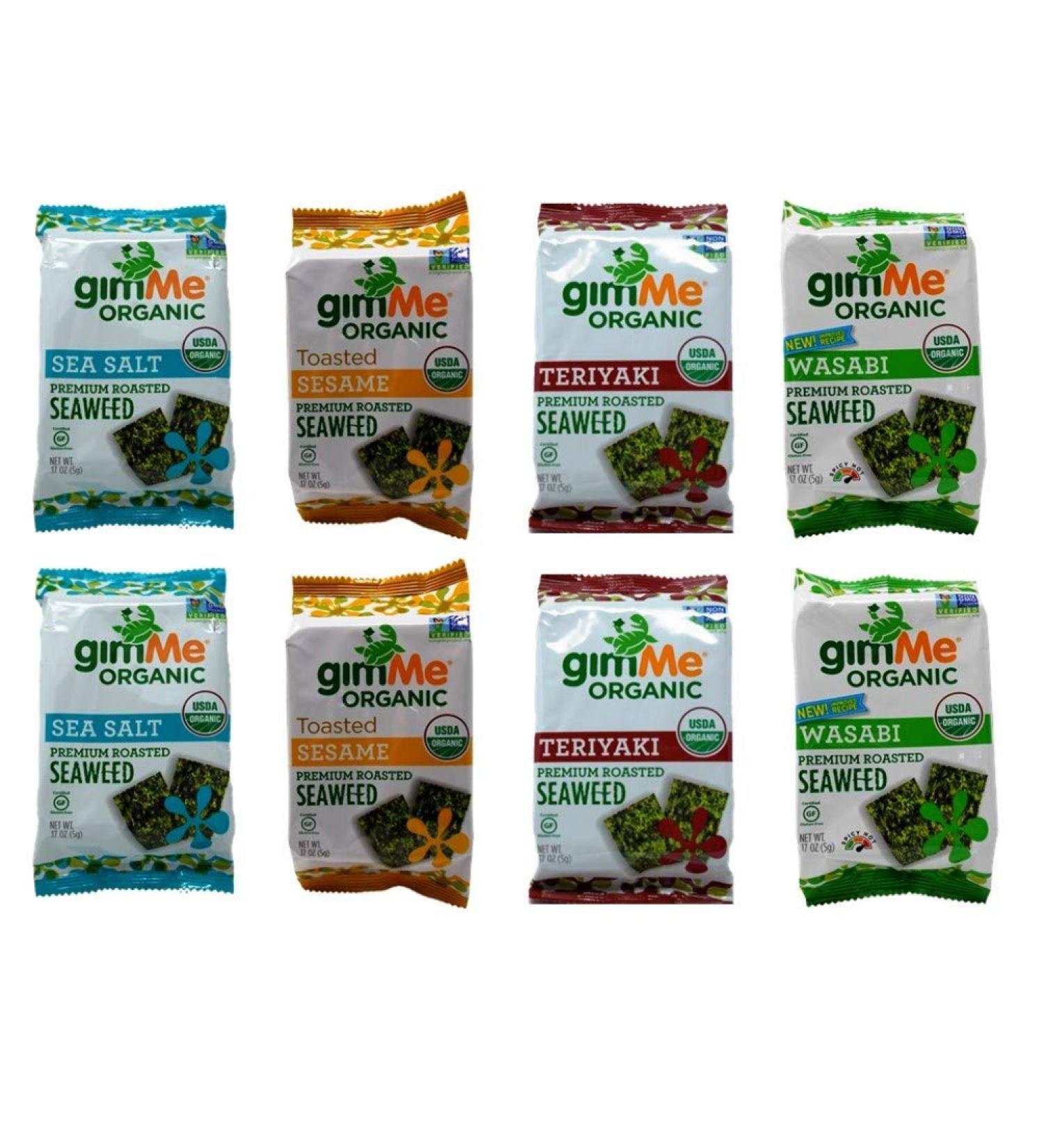 GimMe Organic Non-GMO Gluten Free Vegan Roasted Seaweed Snack Sampler Bundle - Sea Salt, Toasted Sesame, Teriyaki, Hot Wasabi (8 Pack Variety, 0.17 oz each) - Buy Online on GoSupps.com