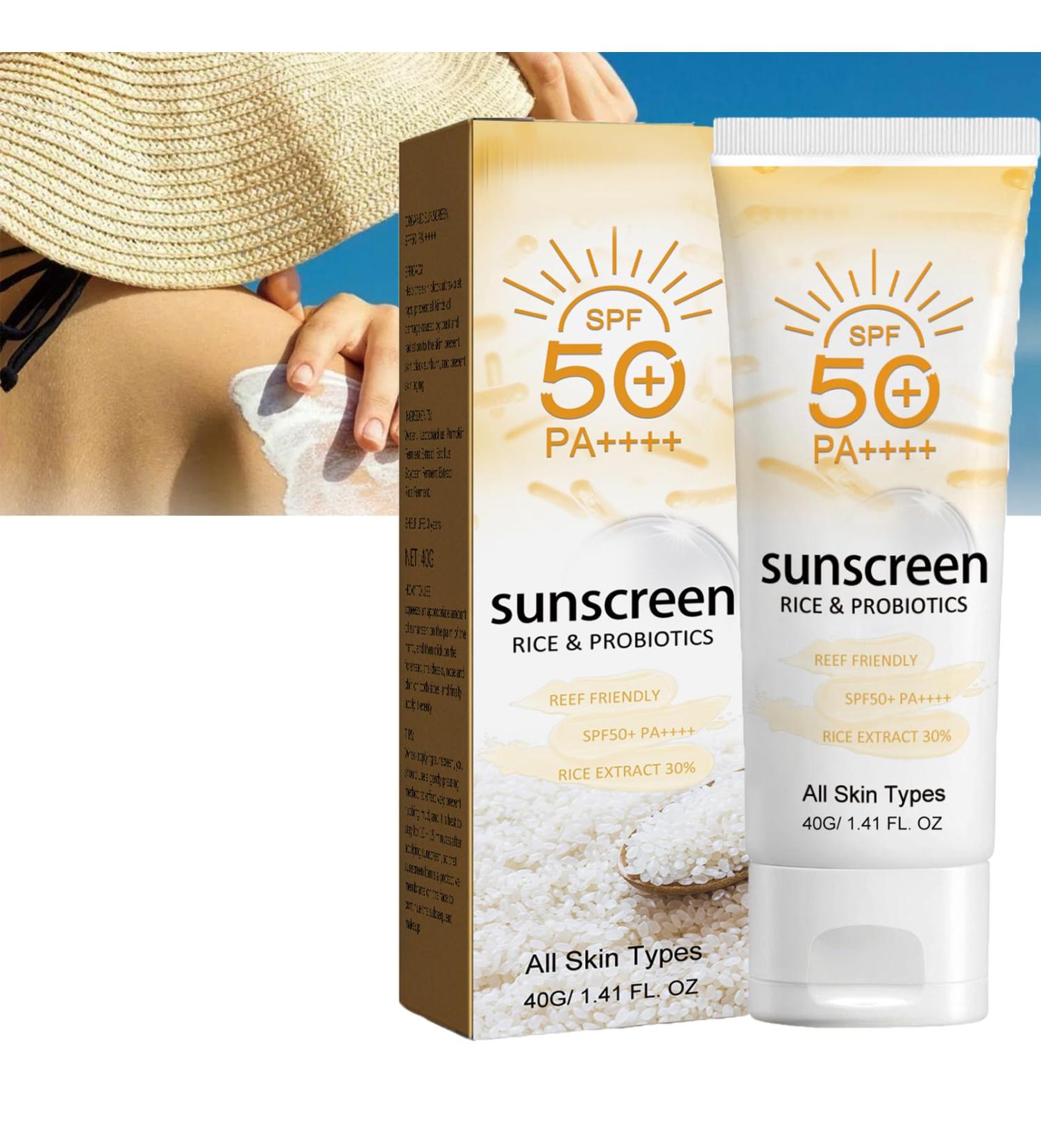 Rice Sunscreen Organic Sunscreen SPF50 Face &Body Sun Cream Strong Sun Protection Sun Lotion with Rice Extracts Refreshing Body Suncream Non-Greasy & Breathable Moisturiser Sunscreen for Oily Skin-40g - Buy Online on GoSupps.com