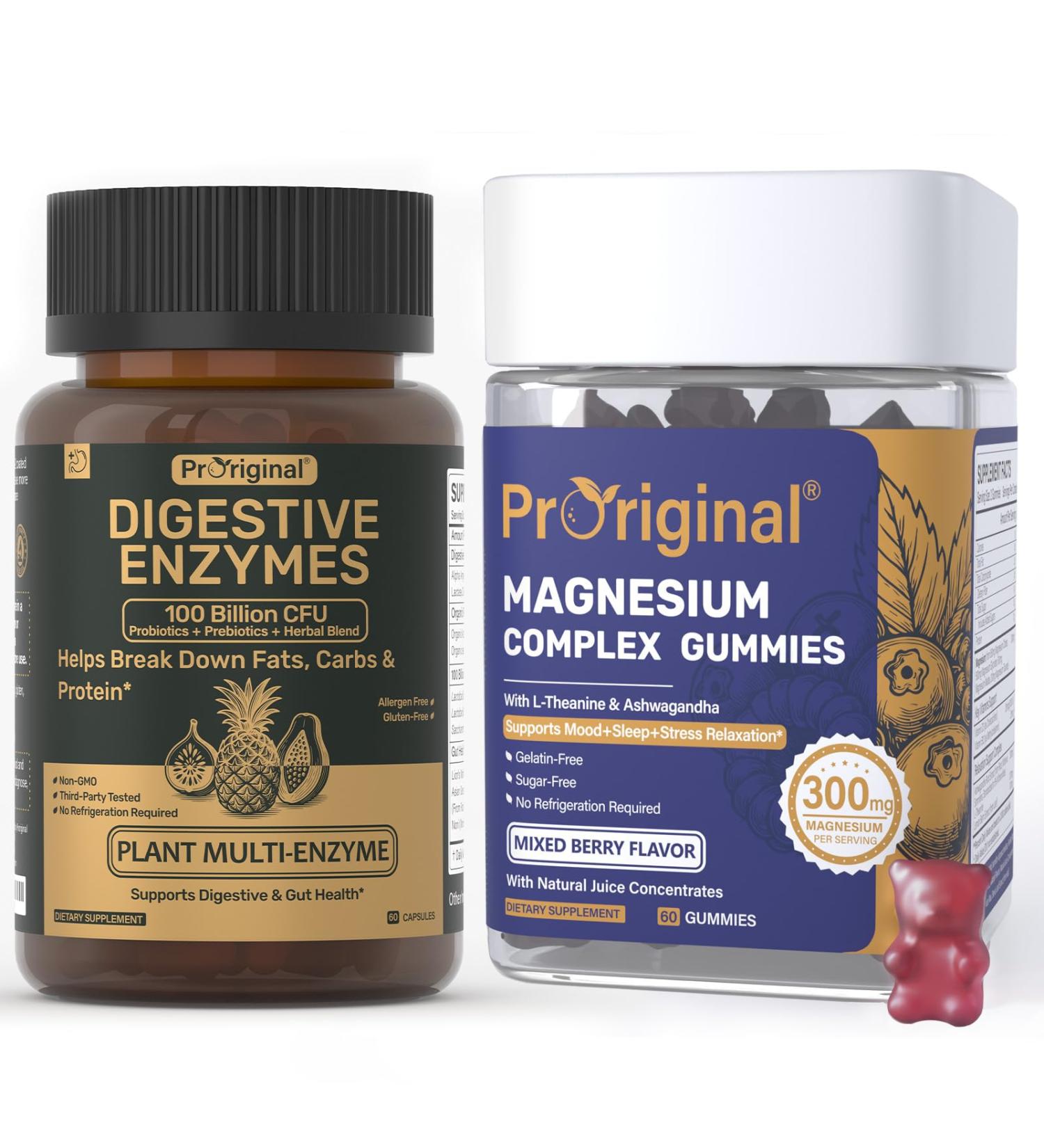 Digestive Enzymes Supplement + Magnesium Gummies for Stress & Sleep Daily Wellness Support Bundle - Buy Online on GoSupps.com