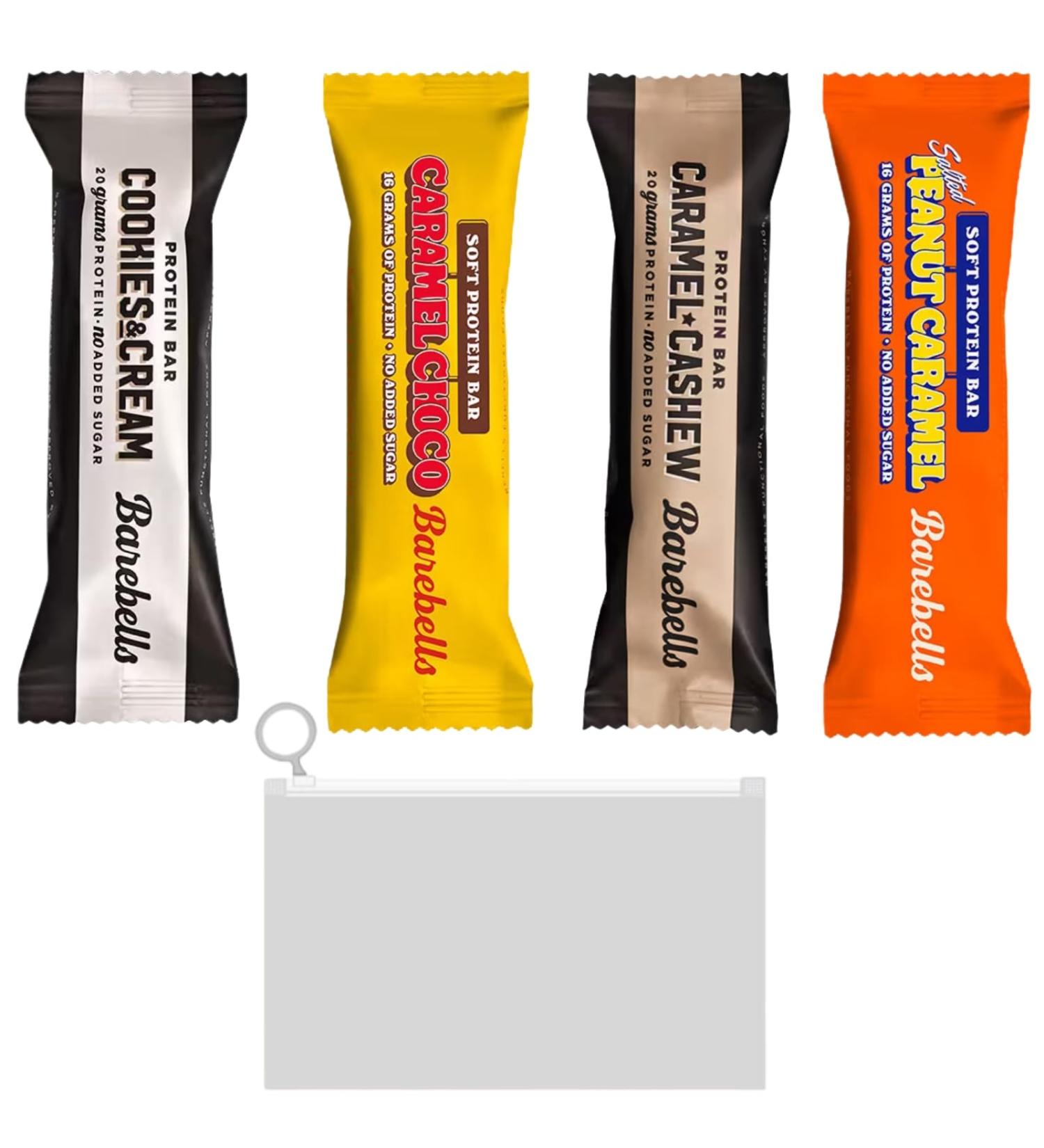Nutritional Protein Bars Bundle with Barebells Low Sugar High Protein Variety Pack 55g Each Soft and Crunchy Chocolate Snack Including 1 x Wishesla Effortles Zip Bag - Buy Online on GoSupps.com