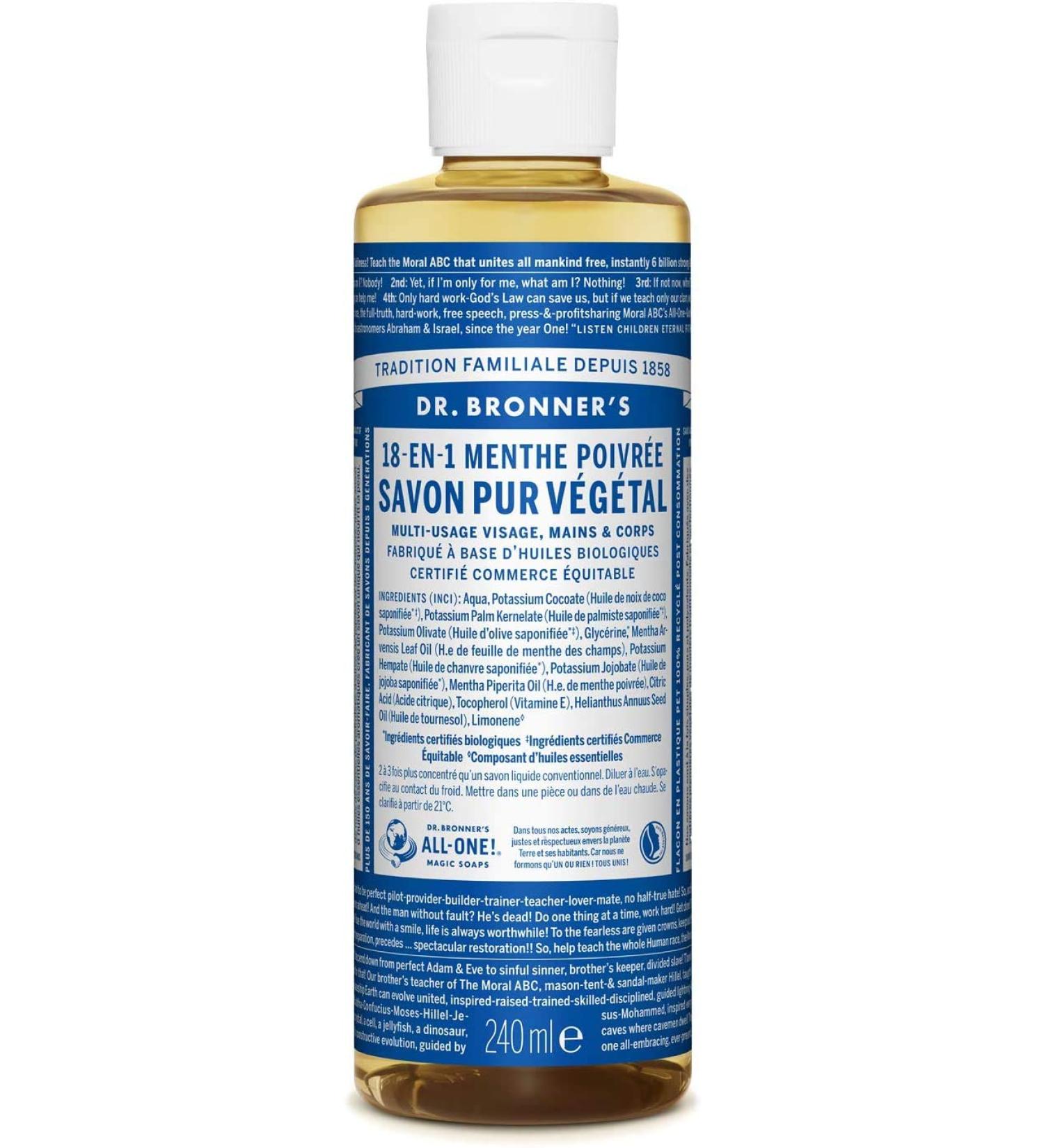 Dr. Bronner's 18-in-1 Natural Peppermint Soap 240ml - Eco-Friendly Multi-Purpose Cleaner | International Shipping Available - Buy Online on GoSupps.com