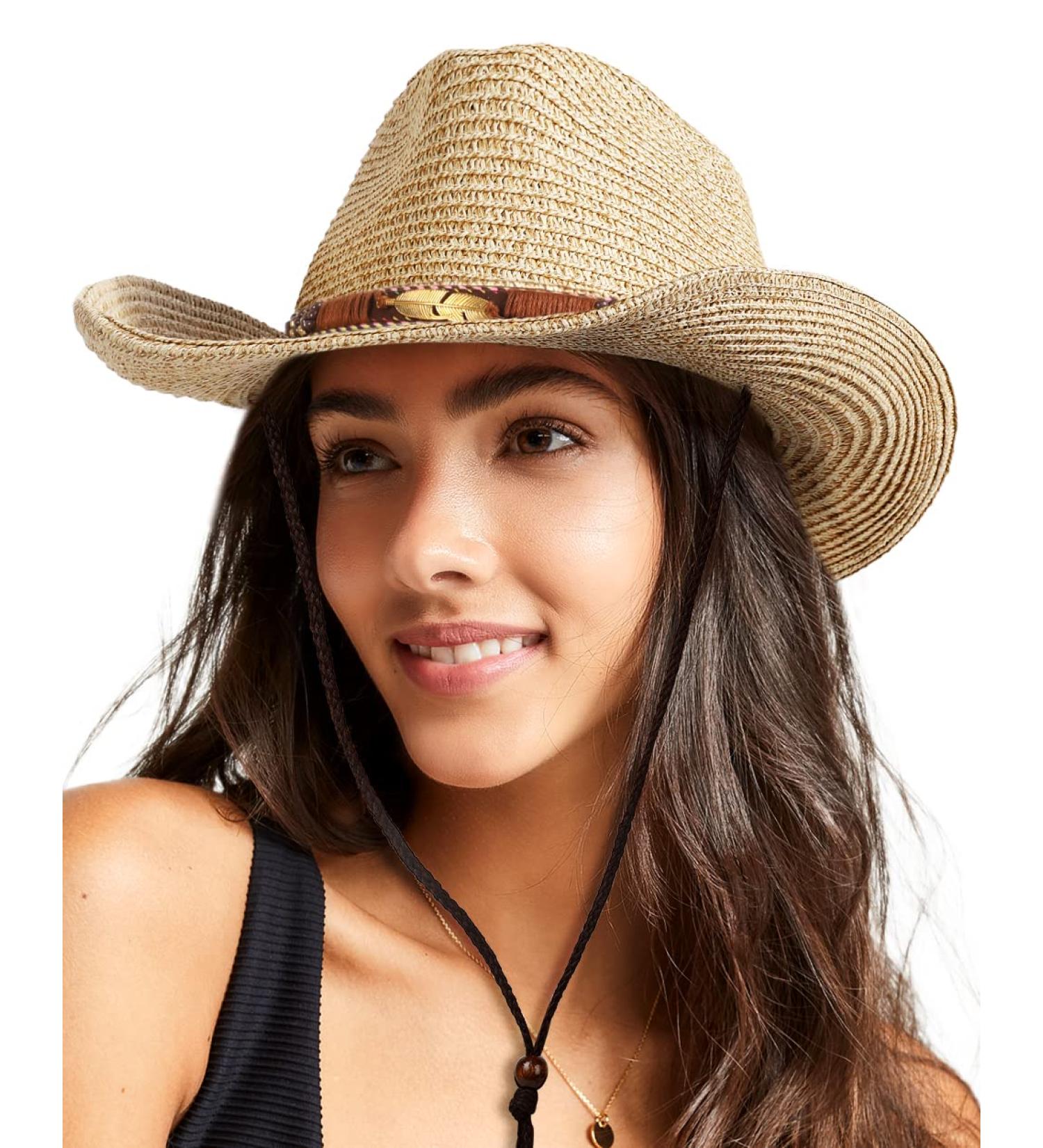 UPF 50+ Wide Brim Straw Sun Hat with Wind Lanyard - Beige/Brown, One Size - Buy Online on GoSupps.com