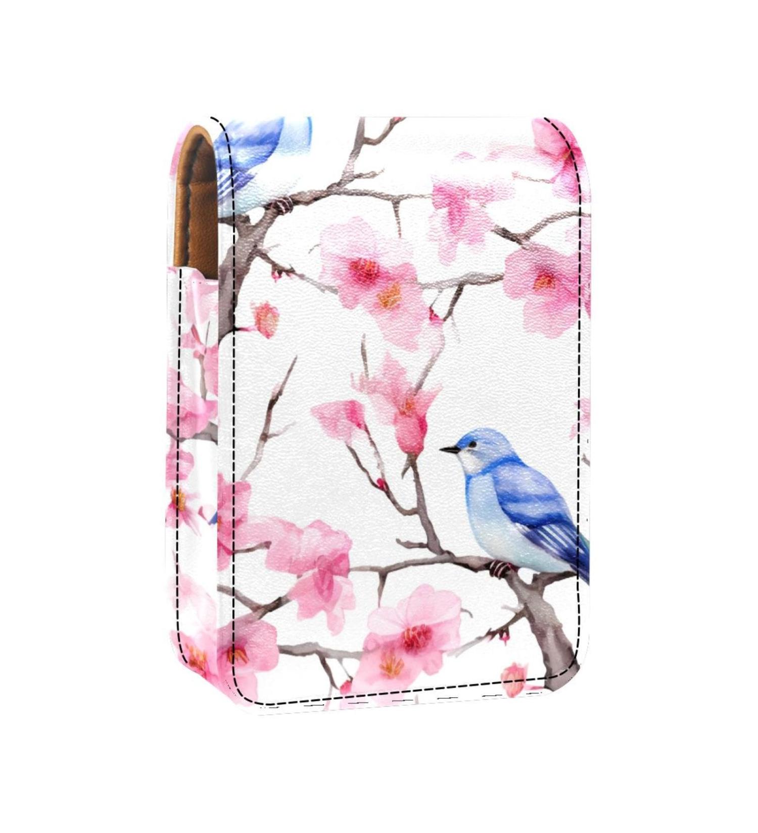 Buy Cherry Blossom & Blue Bird Leather Lipstick Case | Mini Lip Gloss Organizer with Mirror - International Shipping Available - Buy Online on GoSupps.com