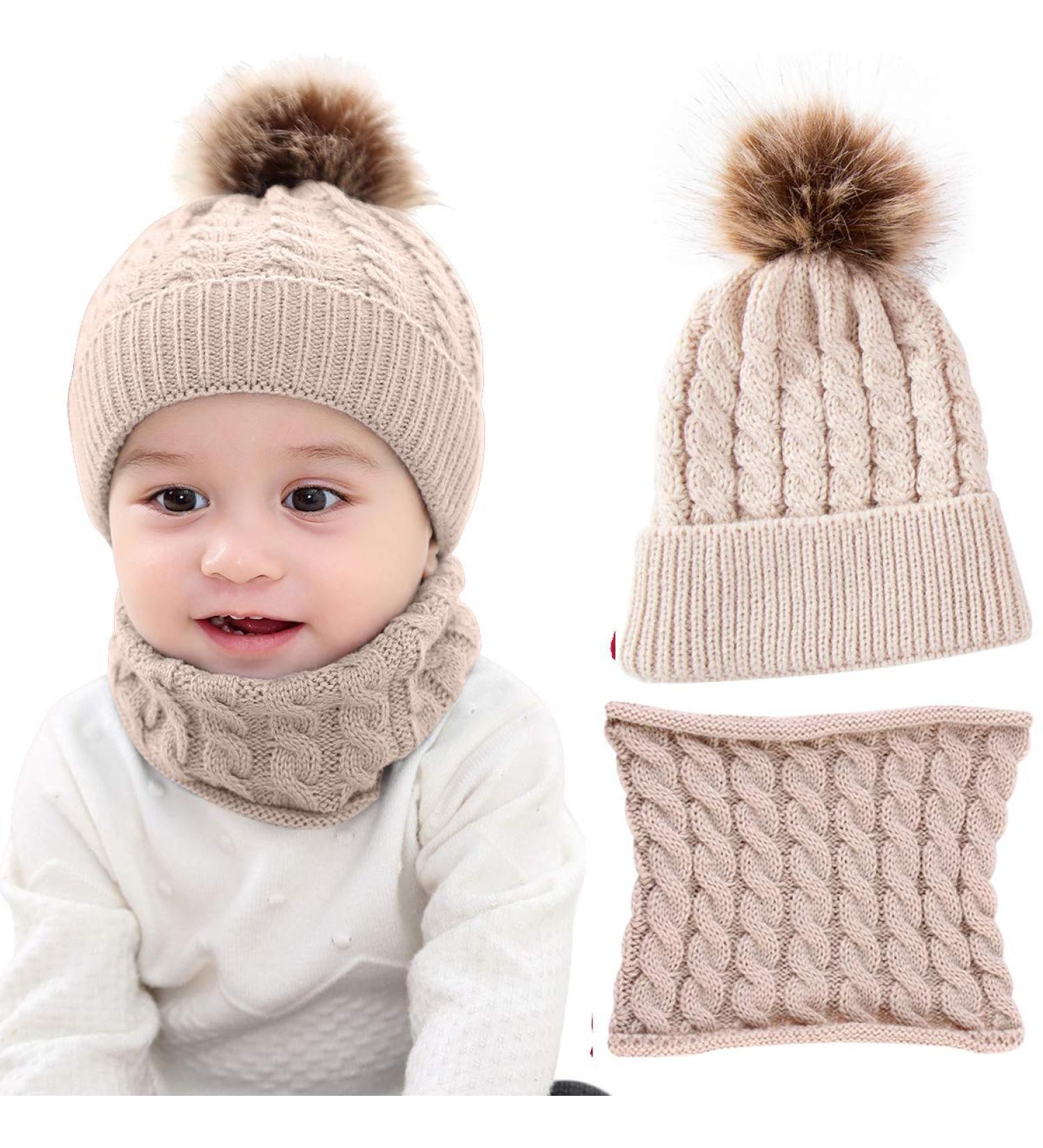 Yinuoday Toddler Baby Knit Hat Scarf Set | Winter Warm Beanie Cap with Circle Loop Scarf Neckwarmer in Beige - 2PCS - Buy Online on GoSupps.com