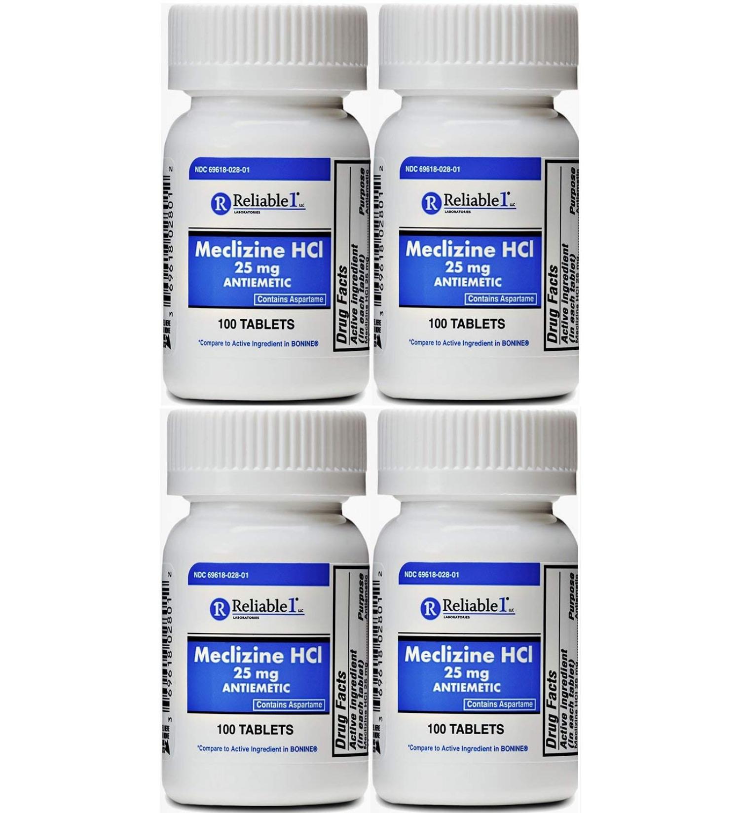 Reliable 1 Laboratories Meclizine 25mg Generic Bonine Motion Sickness - 100 Chewable Tablets x4 Bottles - Buy Online on GoSupps.com