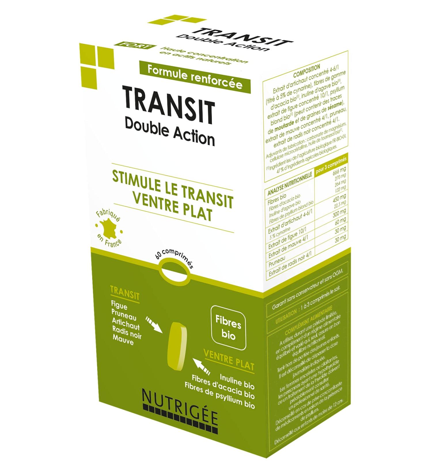 NUTRIG E - Transit Double Action - Intestinal Sloth - Flat Stomach - Facilitates Digestion Regenerates Flora Regulates Transit - 1 to 3 Takes/Day - 60 Tablets - Made in France - Buy Online on GoSupps.com