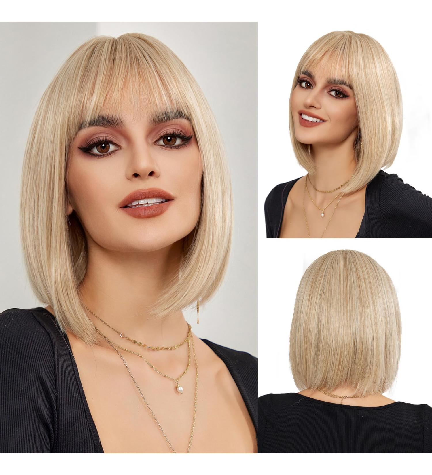OUFEI Blonde Bob Wig With Bangs Short Straight Wig For Women Synthetic Hair Wigs for Daily Party Cosplay Wear Blonde(1032-1) - Buy Online on GoSupps.com