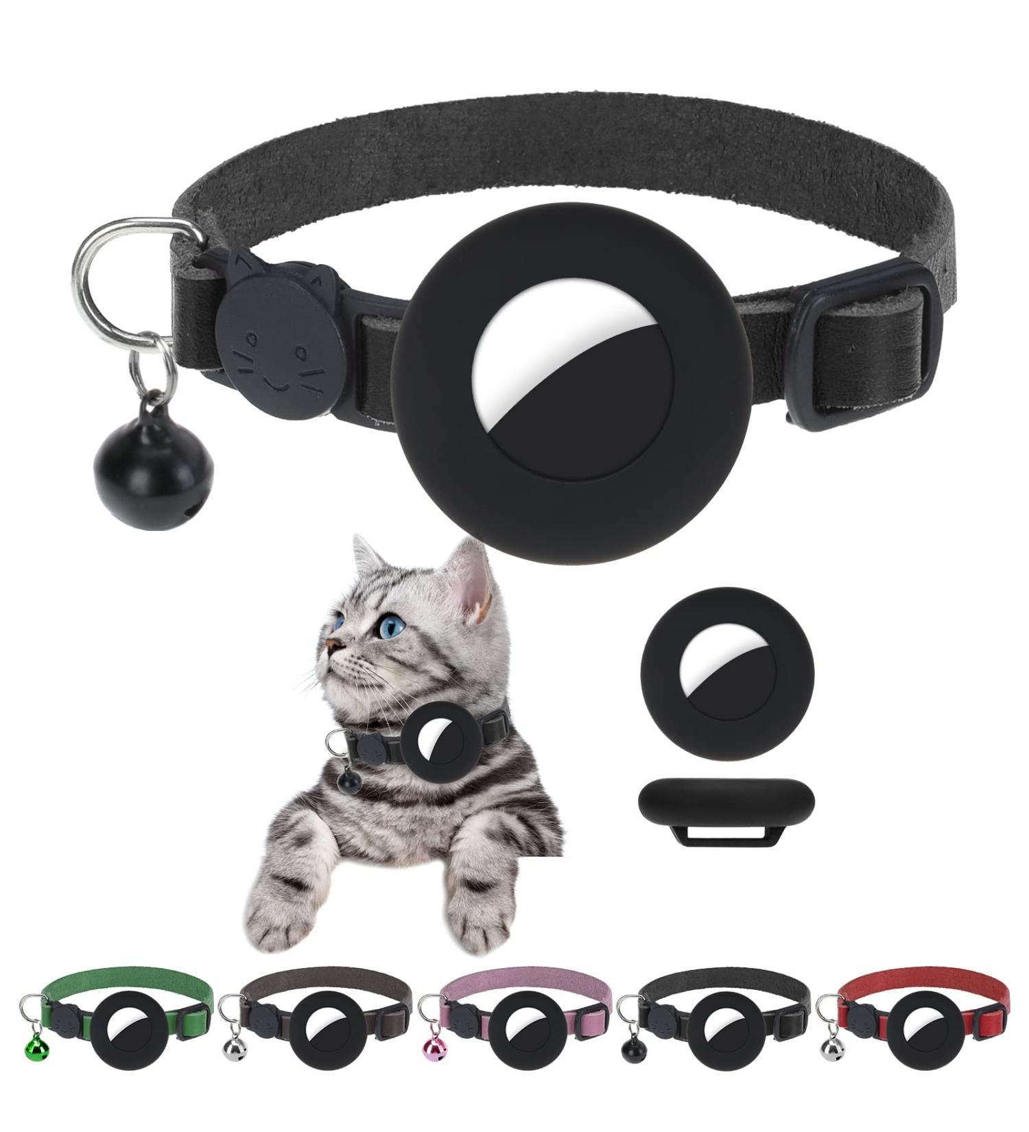 DILLYBUD 2 Pack Reflective AirTag Cat Collar Holder with Bell | Waterproof Silicone Case | Compatible with Apple AirTag | Small Pets Puppy Kitten | Solid Black Leather - Buy Online on GoSupps.com