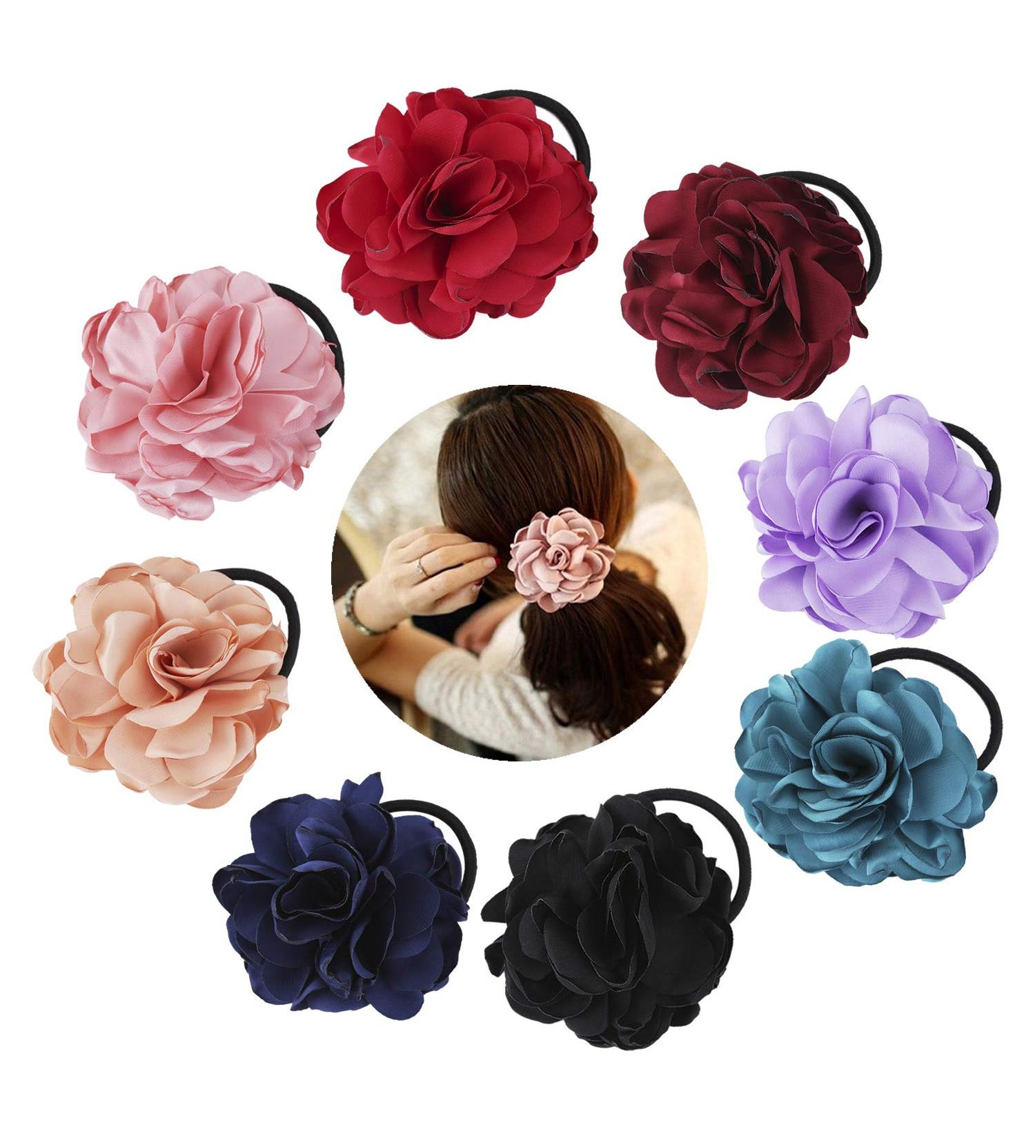 Colorful Handmade Flower Hair Loops - 8 Elastic Hair Ties for Women & Girls | Ponytail Holders & Narrow Hair Bands - Buy Online on GoSupps.com