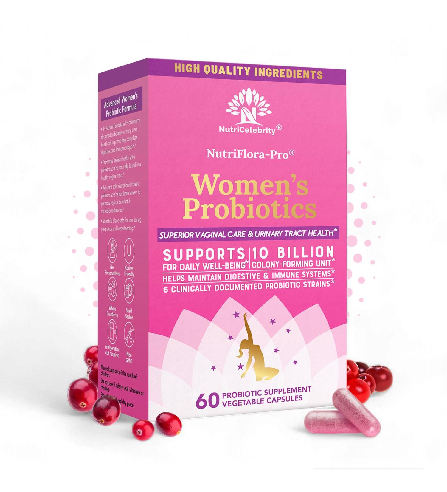 Nutricelebrity NutriFlora-Pro Probiotics for Women - Support Vaginal Urinary Health (UTI) Digestive System Period Pain Yeast and BV Relief Cranberry Pills 10 Billion CFU 6 Strains (60 Caps) 60 Count (Pack of 1) - Buy Online on GoSupps.com