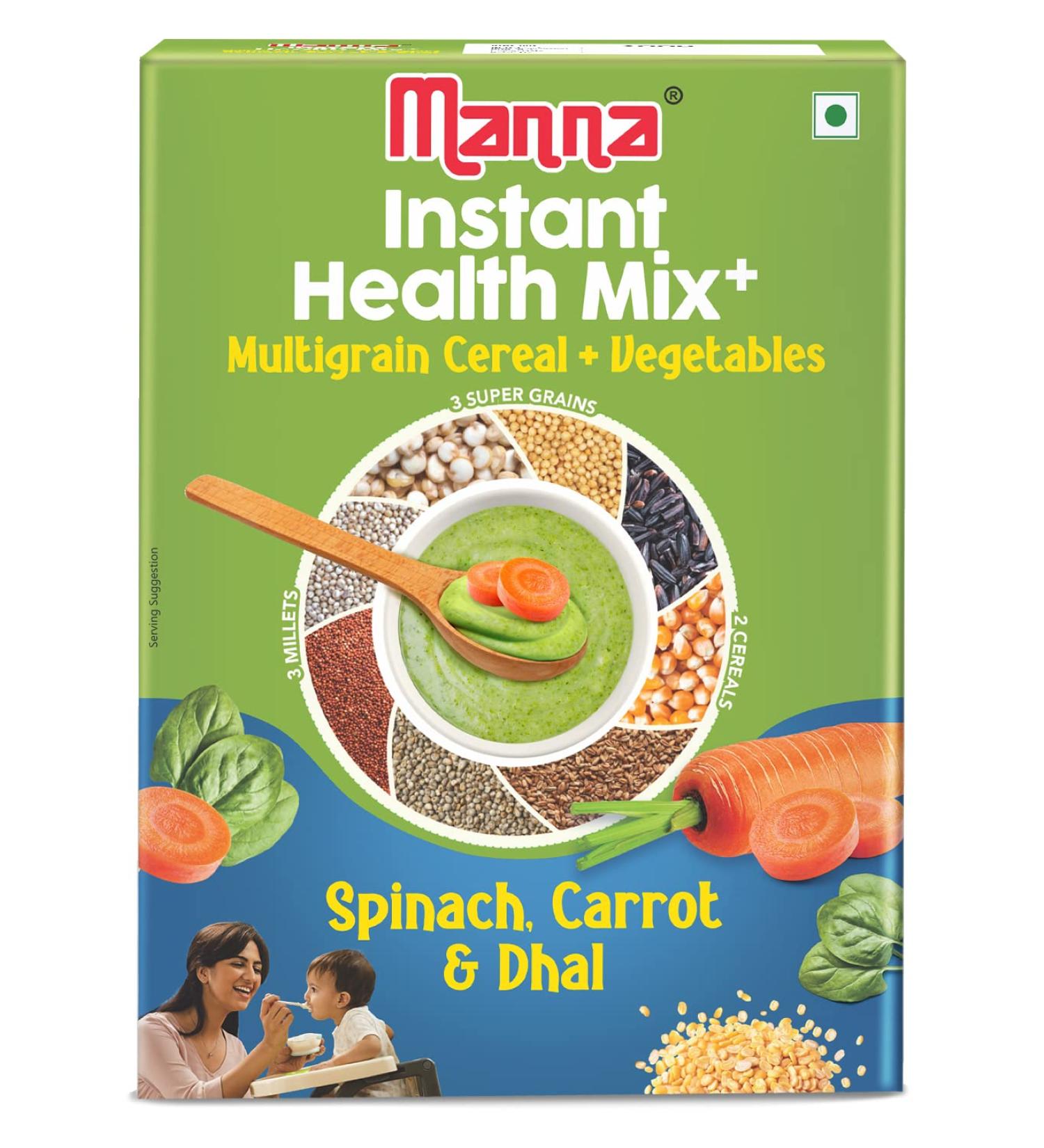 Manna Health Mix Instant 200g Spinach Carrot Dal with Milk Travel Friendly (Mix with Water/Milk and Serve) - Buy Online on GoSupps.com
