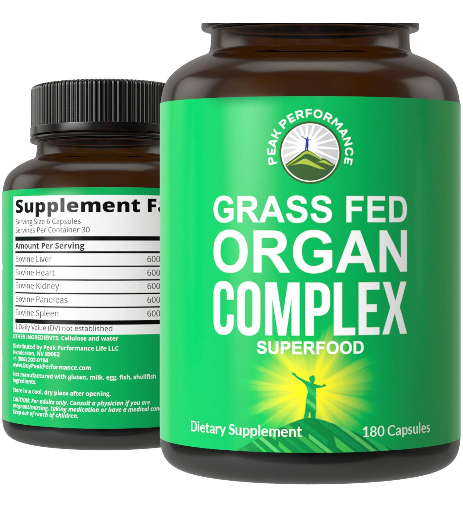 Peak Performance Grass Fed Beef Organ Complex - 180 Capsules - Rich in Antioxidants, Vitamin B12, Desiccated Liver, Heart, Kidney, Pancreas, Spleen - Buy Online on GoSupps.com