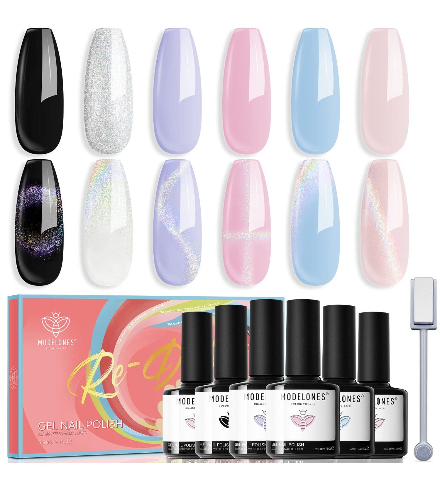 Modelones Pastel Gel Nail Polish Set - 6 Colors Cat Eye Holographic Glitter 9D Magnetic Manicure Kit for Women - Spring Daydreams Collection - Buy Online on GoSupps.com