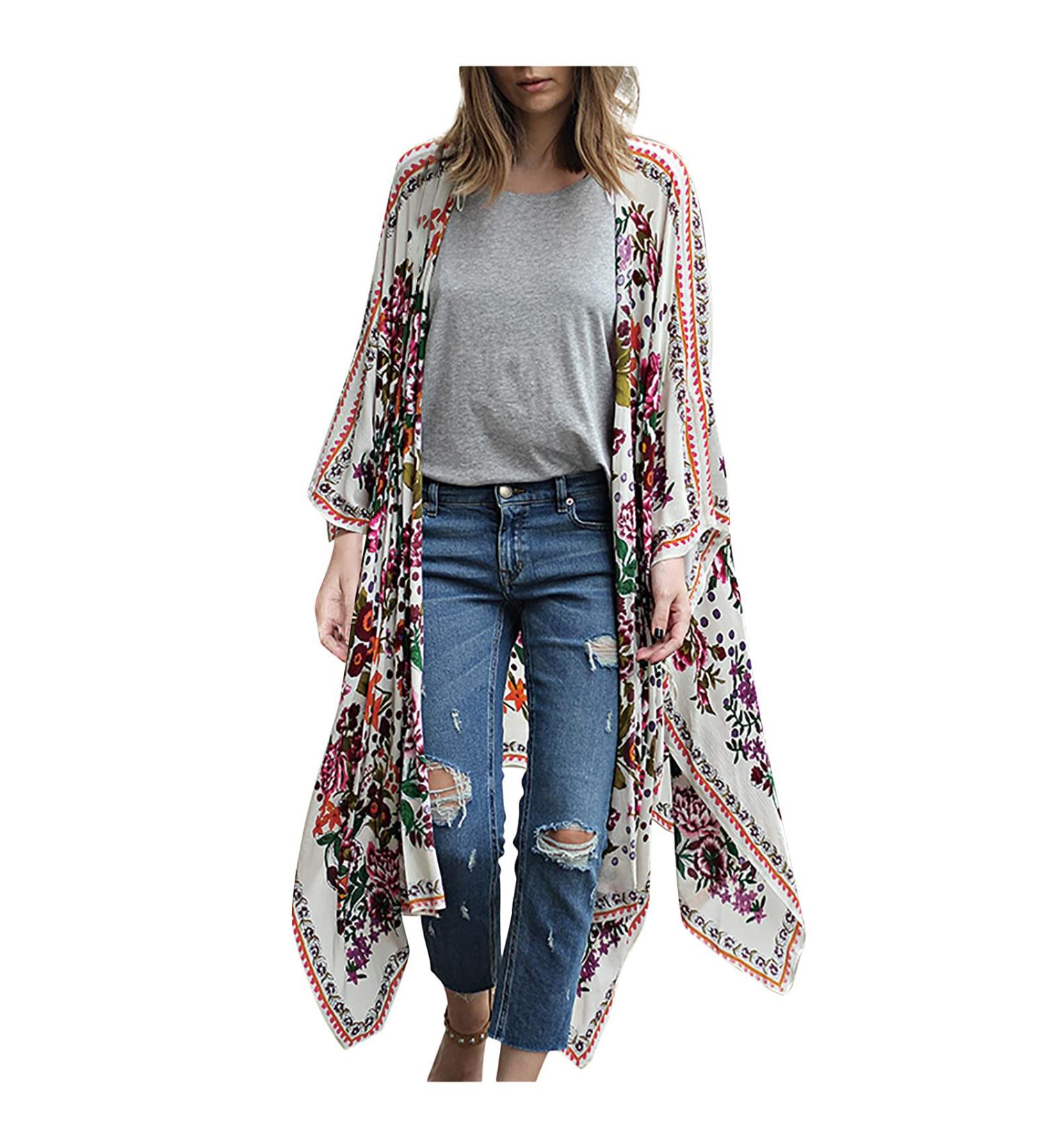 Women's Boho Chiffon Long Sleeve Cardigan Top - Elegant Vacation Blouse Coat in White Medium 00 - Buy Online on GoSupps.com