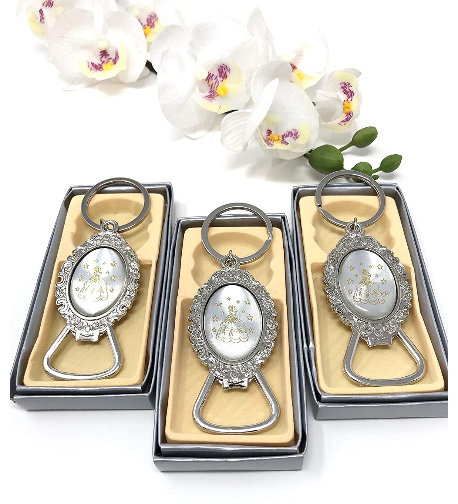 CLGIFT Set of 12 Compact Mirror for Wedding/Bridal Shower/Baby Shower/Quincea era/Birthday/Baptism/Religious Gift/Favor (Quinceanera Recuerdos Keychain)
