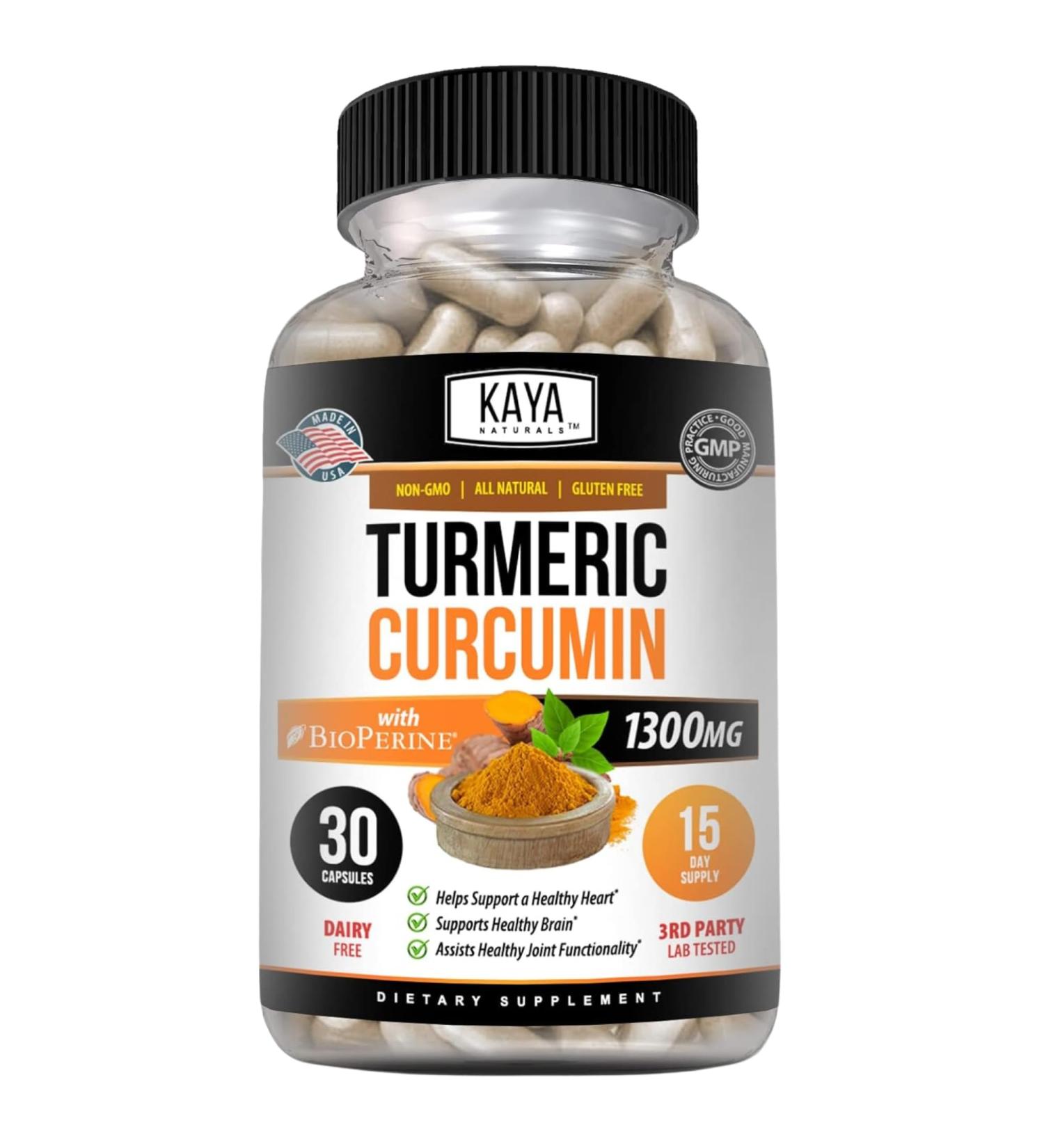 Kaya Naturals Turmeric with Bioperine - Mobility Support with 95% Standardized Curcuminoids - Curcumin - 1300mg Turmeric Capsules - 30 Capsules - Buy Online on GoSupps.com