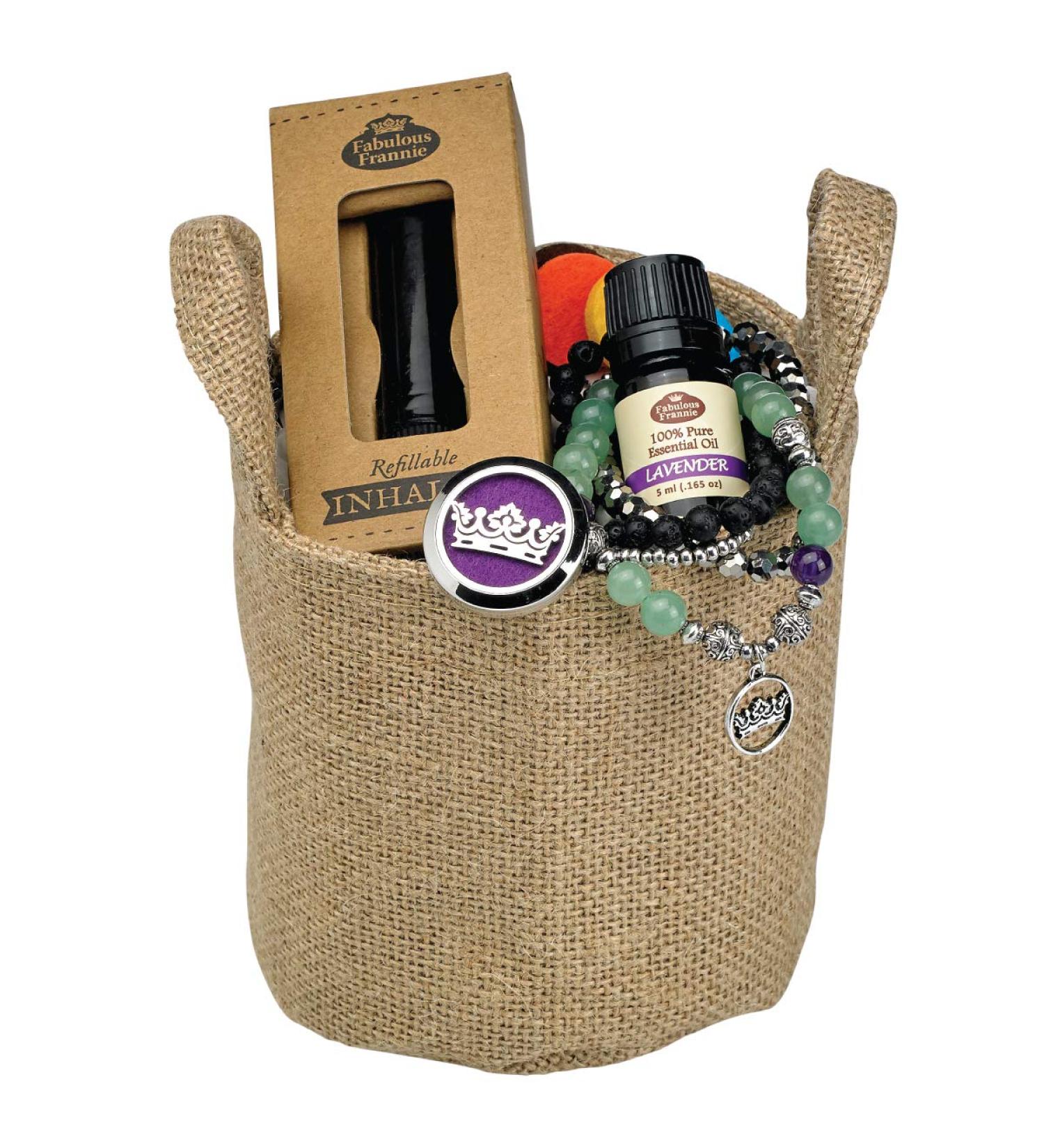 Fabulous Frannie All Natural Lavender Jewelry Gift Basket includes 5ml Pure Essential Oil Blend Car Clip Diffuser Inhaler and Multi-Stack Lava Ball Bracelet