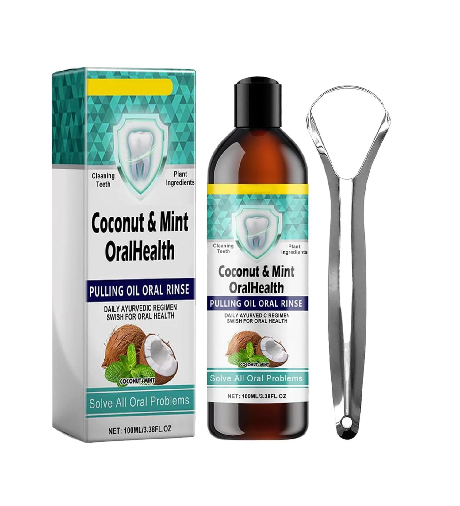Huile de Coco pour Haleine Fra che Bain de Bouche Naturel Bouche l'Huile de Menthe avec Grattoir Langue - Buy Online on GoSupps.com