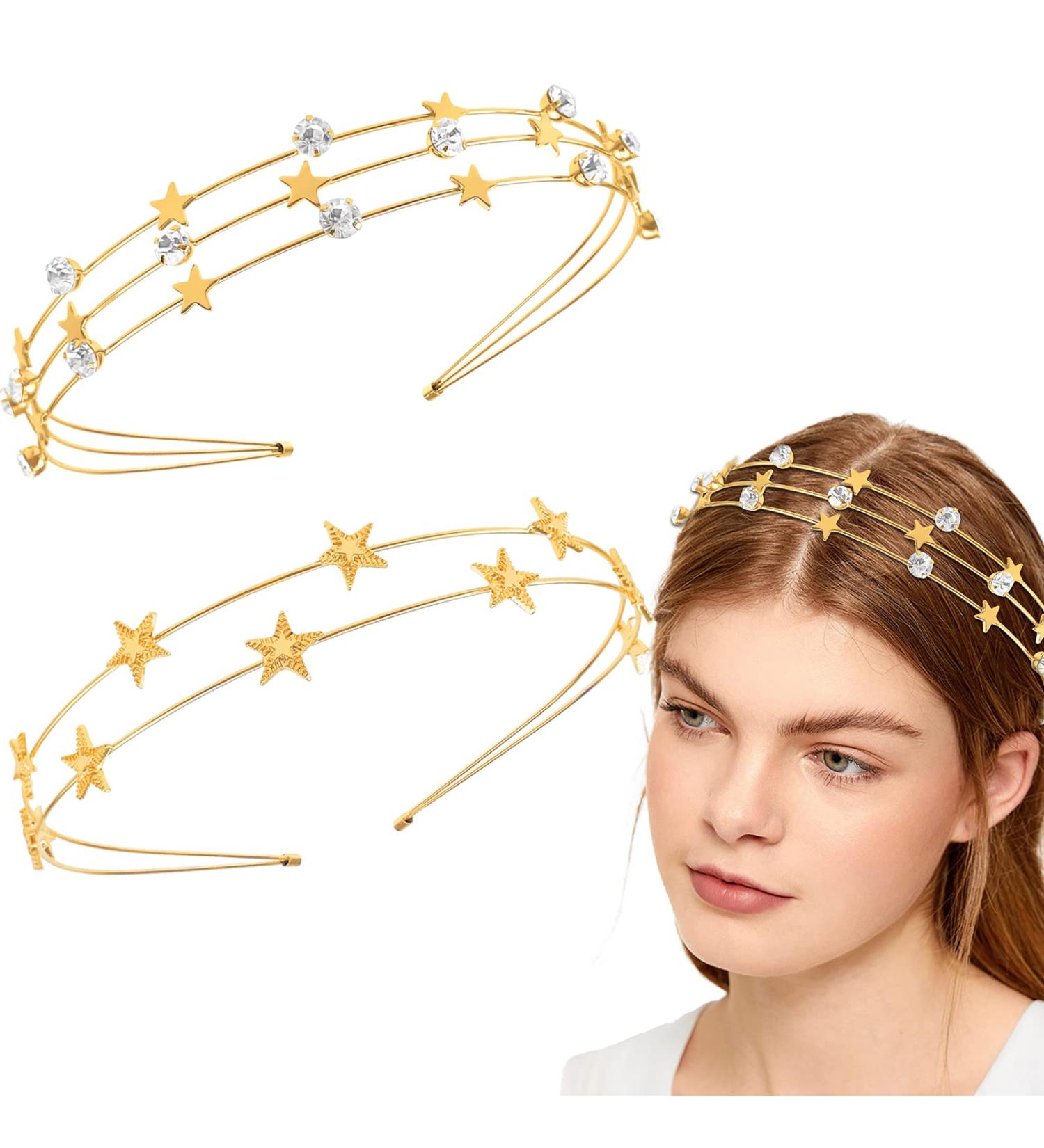 Gold Rhinestone Five-Pointed Star Headband Set - Elegant Bridal Hair Accessories - Buy Online on GoSupps.com