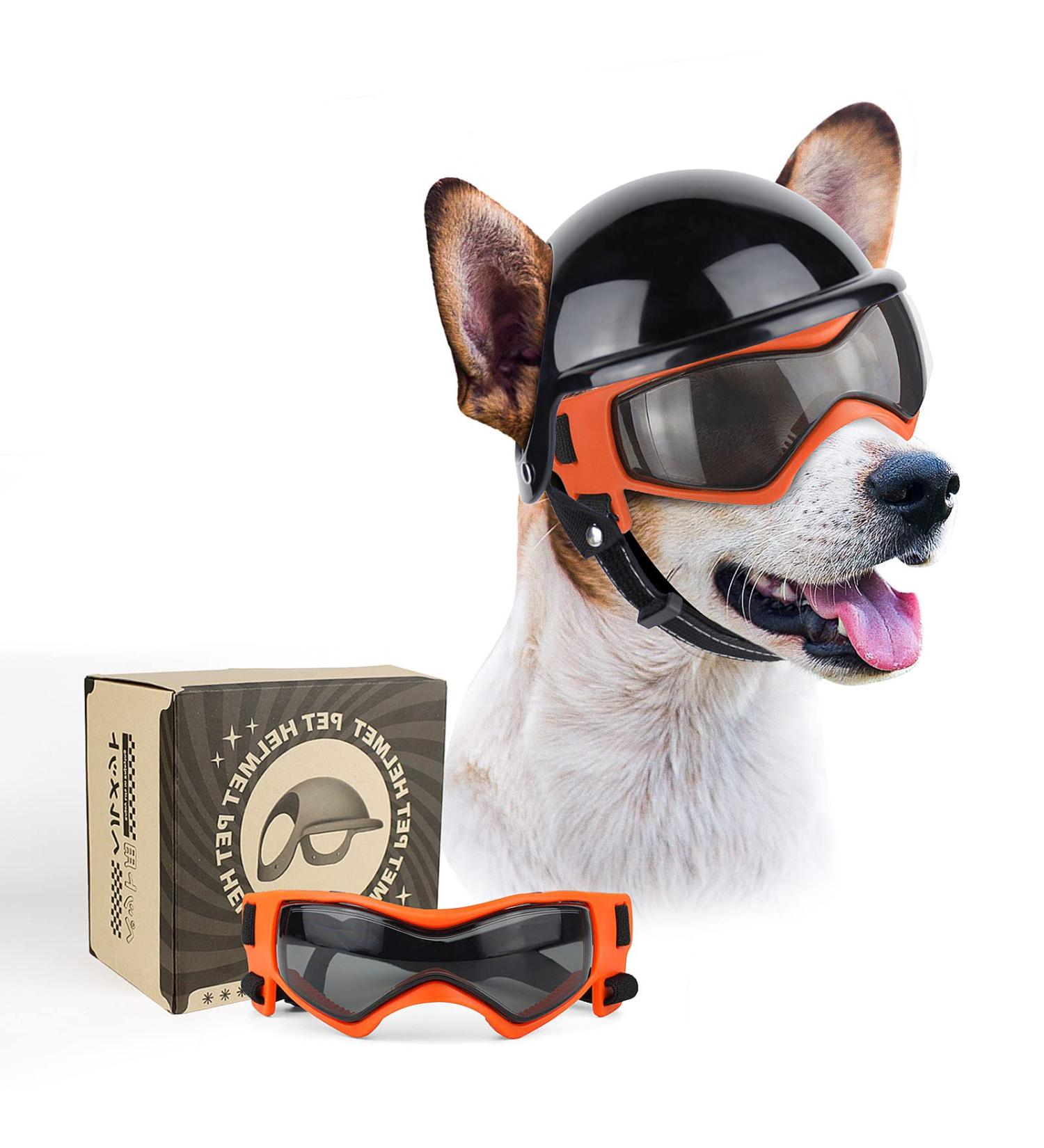 Namsan Anti-UV Dog Glasses & Helmet | Windproof Eye Protection Sunglasses for Small/Medium Dogs - Cool Orange Motorcycle Pet Gear - Buy Online on GoSupps.com