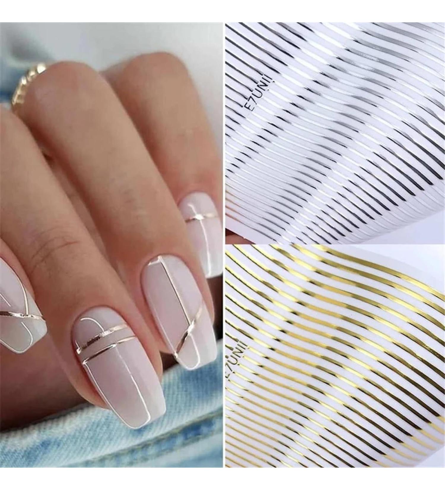 3D Gold & Silver Stripe Nail Art Stickers | Self-Adhesive Decals for DIY Manicure | Geometric Designs for Women - Buy Online on GoSupps.com