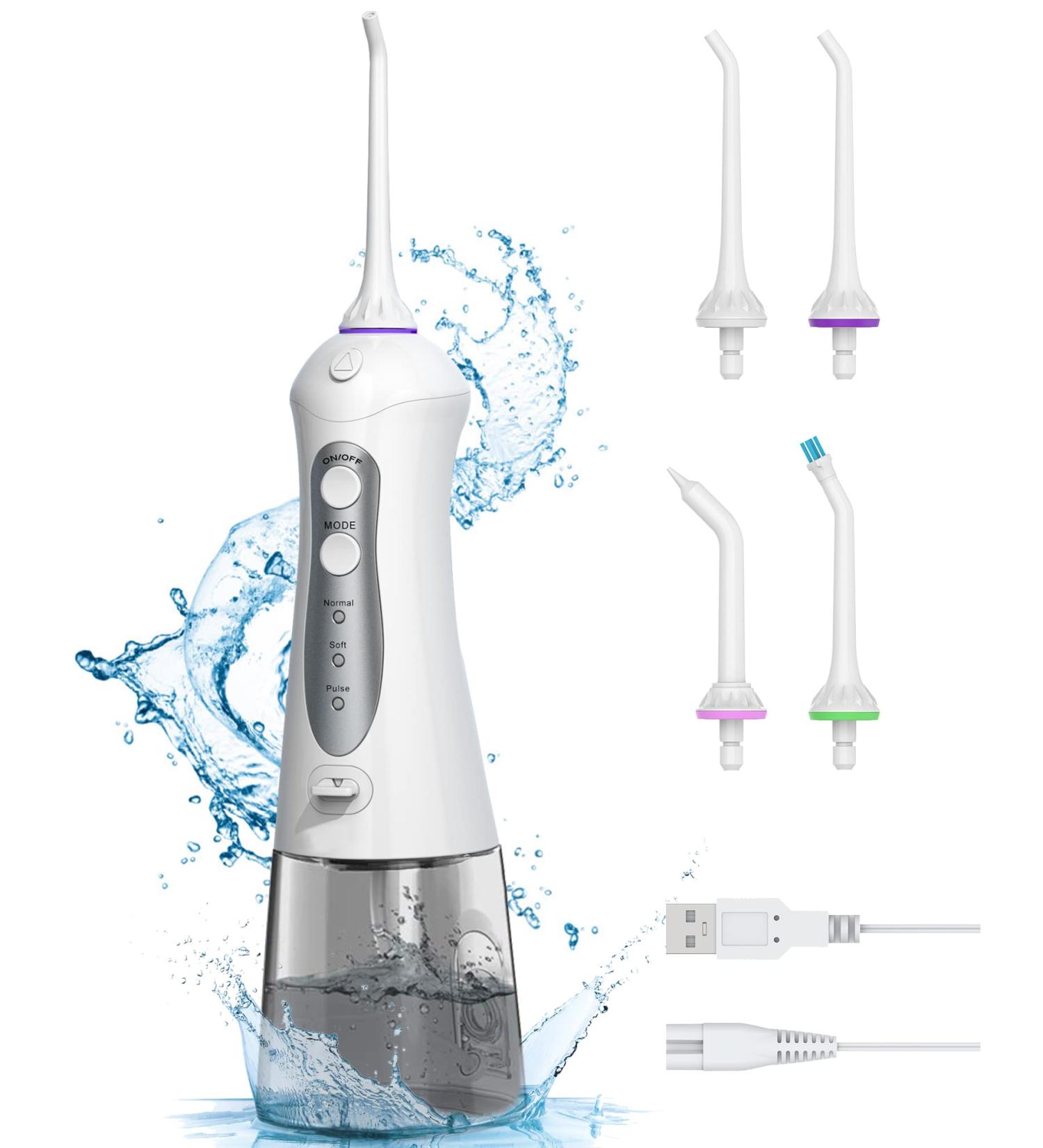 Professional Cordless Water Flosser with 3 Modes & 4 Jet Tips - IPX7 Waterproof Teeth Cleaner for Braces Gums - 300ml Tank - Grey - Buy Online on GoSupps.com