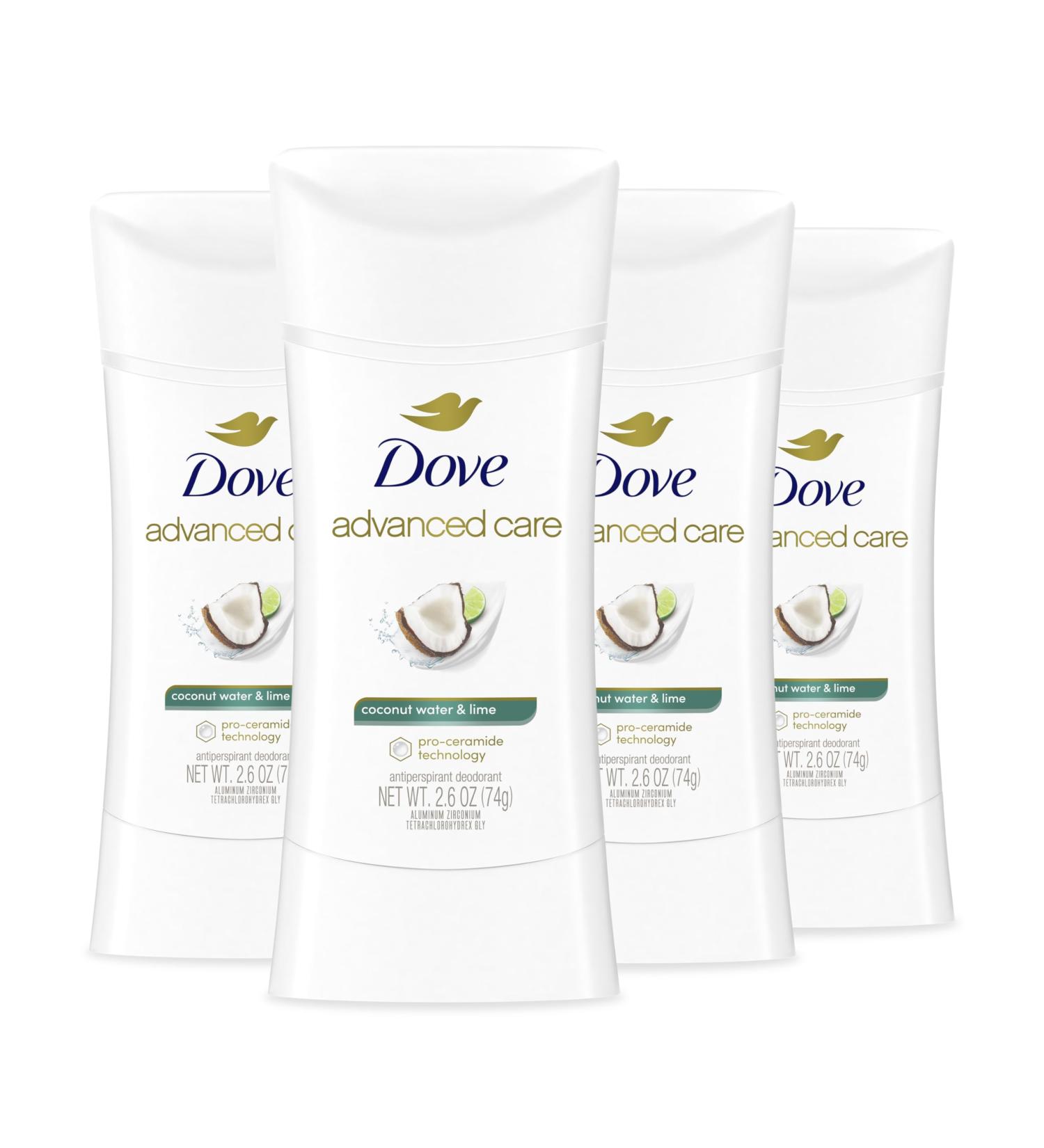 Dove Advanced Care Antiperspirant Deodorant Stick - Coconut Water & Lime 4 Ct | 72H Odor Control & Skin Barrier Repair for Soft Underarms - 2.6 oz - Buy Online on GoSupps.com