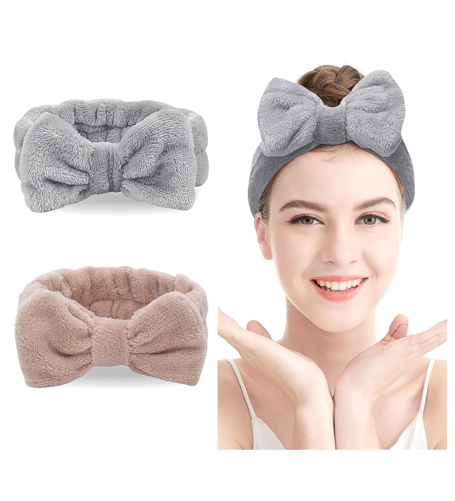 Spa Headband 2 Pack - Soft Coral Fleece Bow Hair Band for Women - Ideal for Shower, Washing Face - Coffee+Gray - Buy Online on GoSupps.com