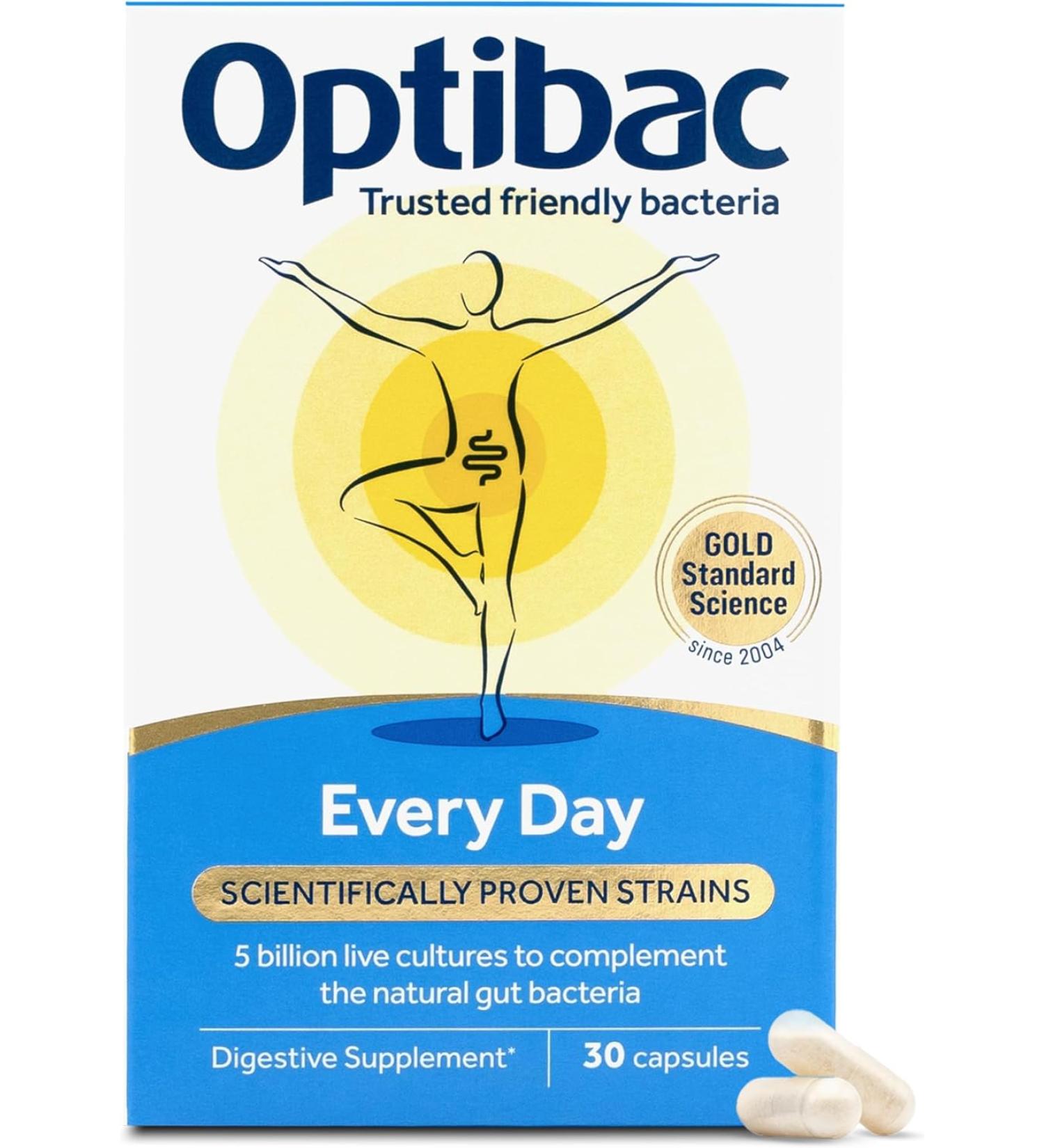 Optibac Probiotics Every Day - Digestive Probiotic Supplement - 30 Capsules, 5 Billion Cultures & FOS Fibres - Buy Online on GoSupps.com
