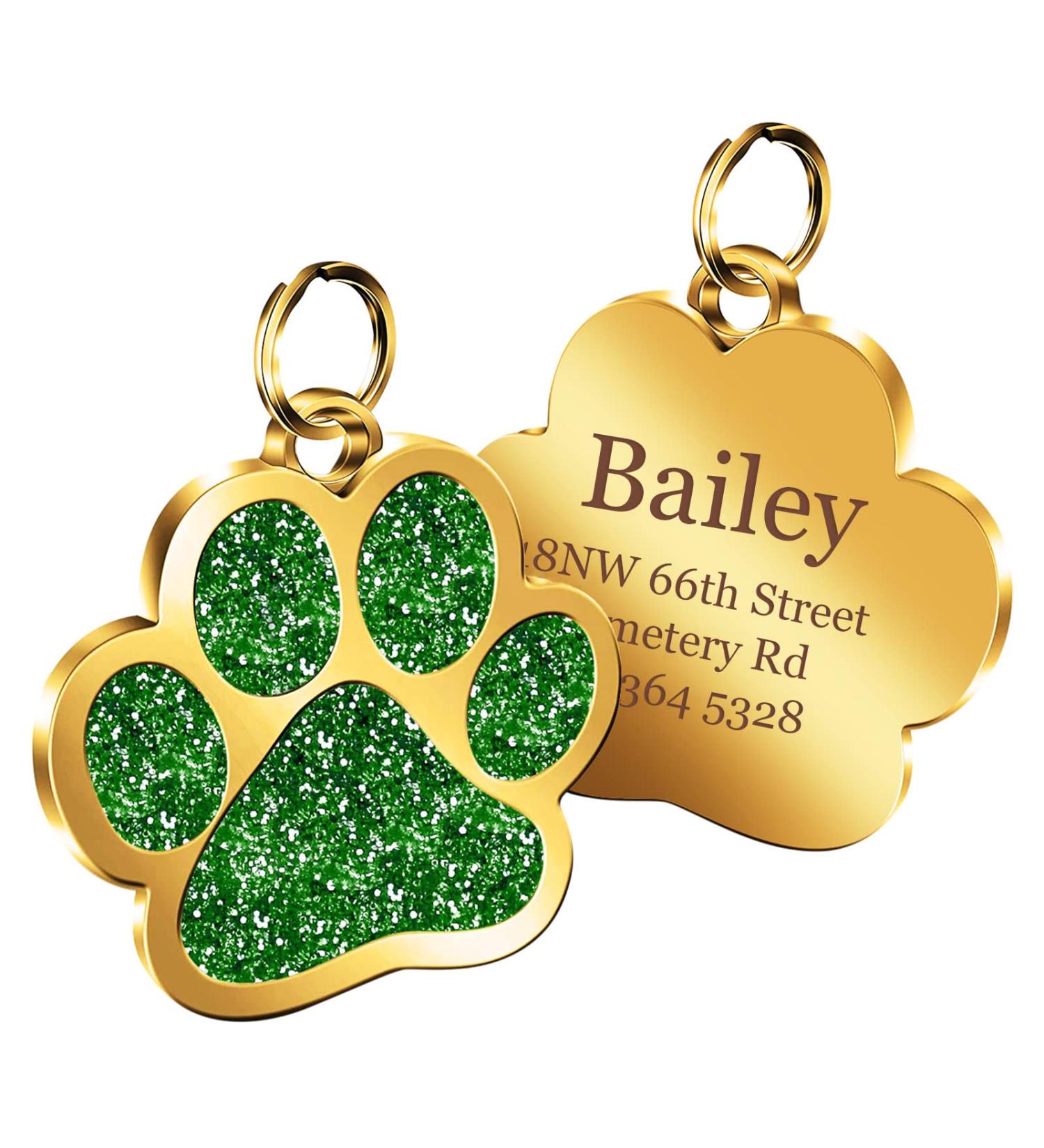Nibana Personalized Dog Tags Glitter Paw Print Custom Pet ID Tags Engraved Cat Name Tags for Small Medium Large Dogs Cats up to 4 Lines of Custom Text Easy to Readg(Green) - Buy Online on GoSupps.com