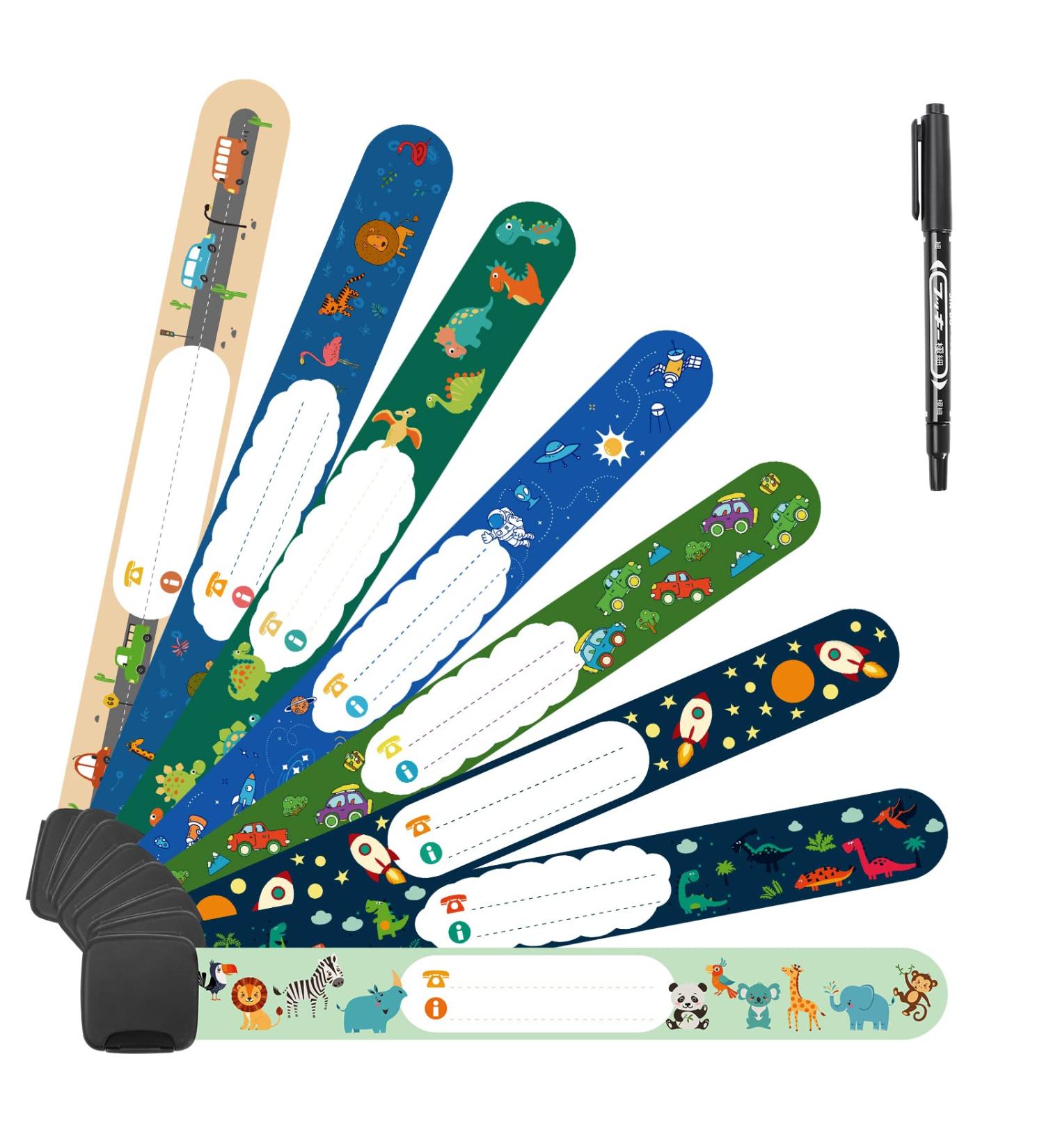 Vicloon Safety Wristband Bracelets 8 Pcs - Child Kids ID Bracelet with Pen - Anti Lost & Waterproof - Dinosaur and Spaceship Design - Buy Online on GoSupps.com