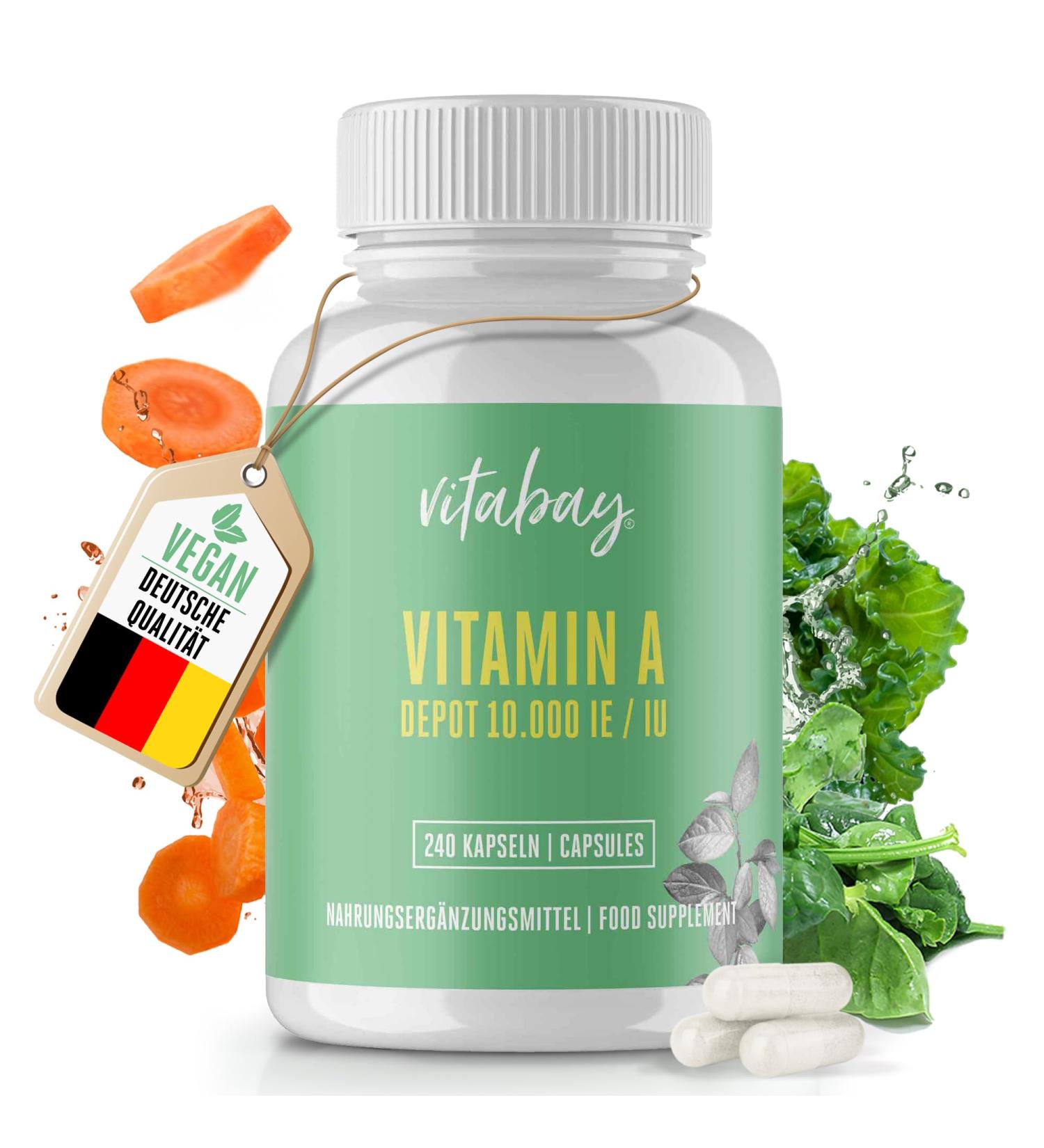 Vitabay Vitamin A High Dose Capsules - 240 Vegan Capsules (10 000 IE / 3 000 g) - Premium Retinol Supplements for Optimal Health - Buy Online on GoSupps.com