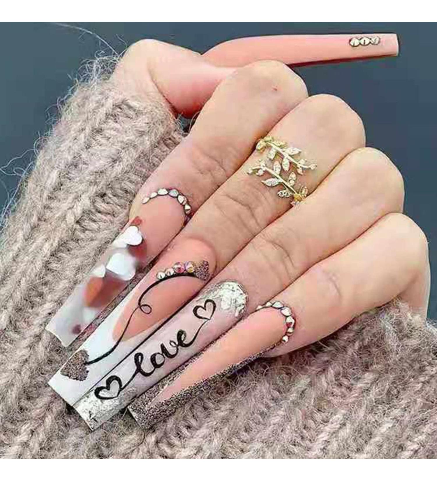 Justotry 24 Pcs Long Milky White French Press on Nails with Heart Designs - Acrylic Coffin False Nails for Women | Nail Art Decoration in White French and Red - Buy Online on GoSupps.com