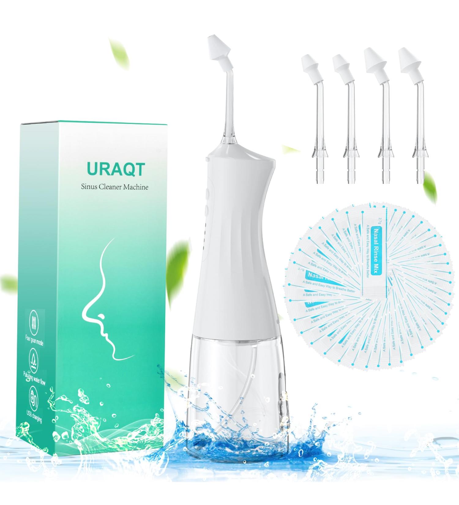 Uraqt Electric Nasal Douche - Electric Neti Pot for Adults & Children | 4 Replacement Heads & 40 Nose Rinsing Salts | Sinus Relief & Allergy Control - Buy Online on GoSupps.com