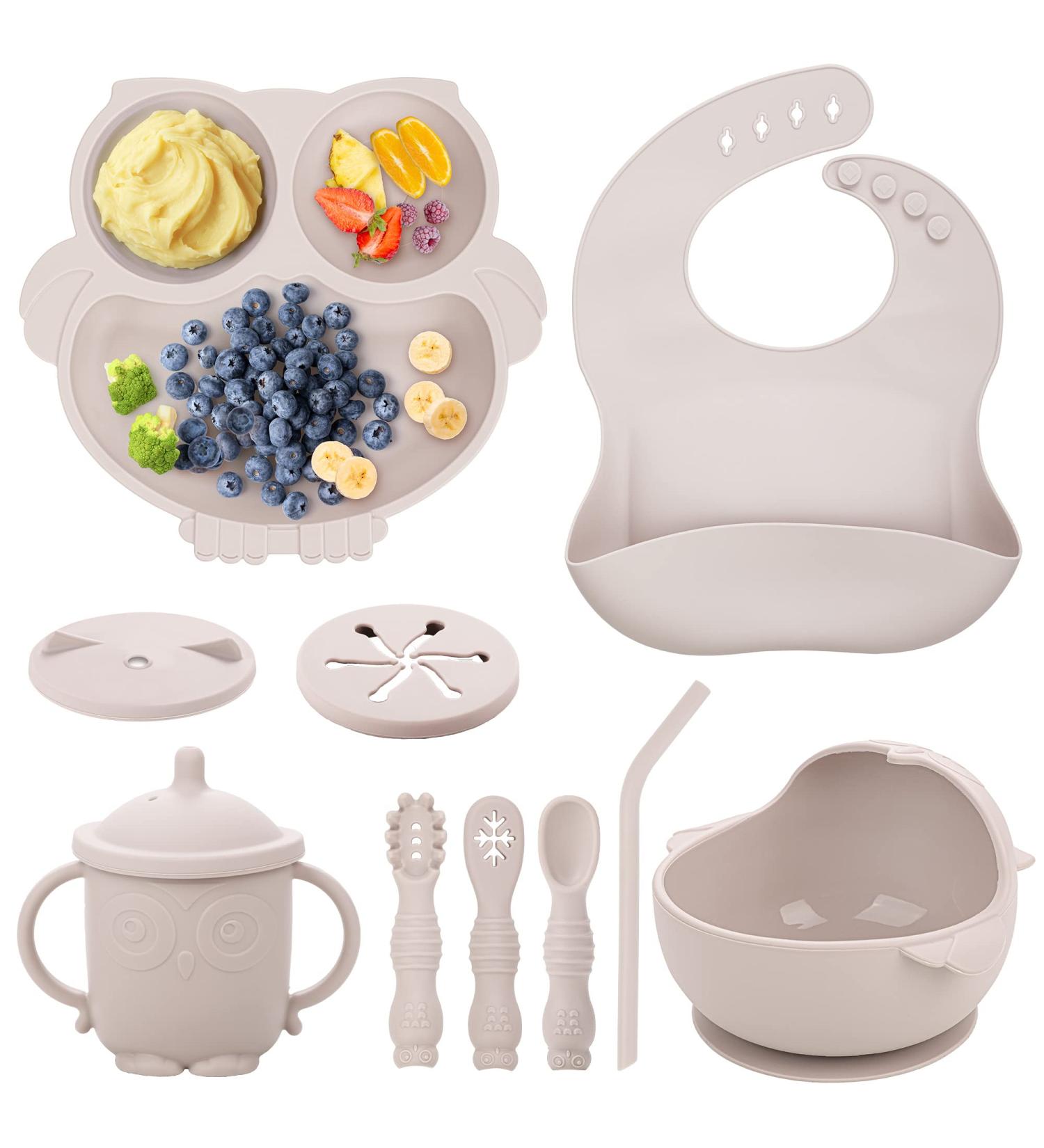Baby Weaning Set Silicone Baby Feeding Set(10 Pcs) Toddler Weaning Set with Adjustable Bib Suction Bowl Plate Fork Spoon Water & Snack Cup Kit for Babies Toddler and Kids(Beige) - Buy Online on GoSupps.com