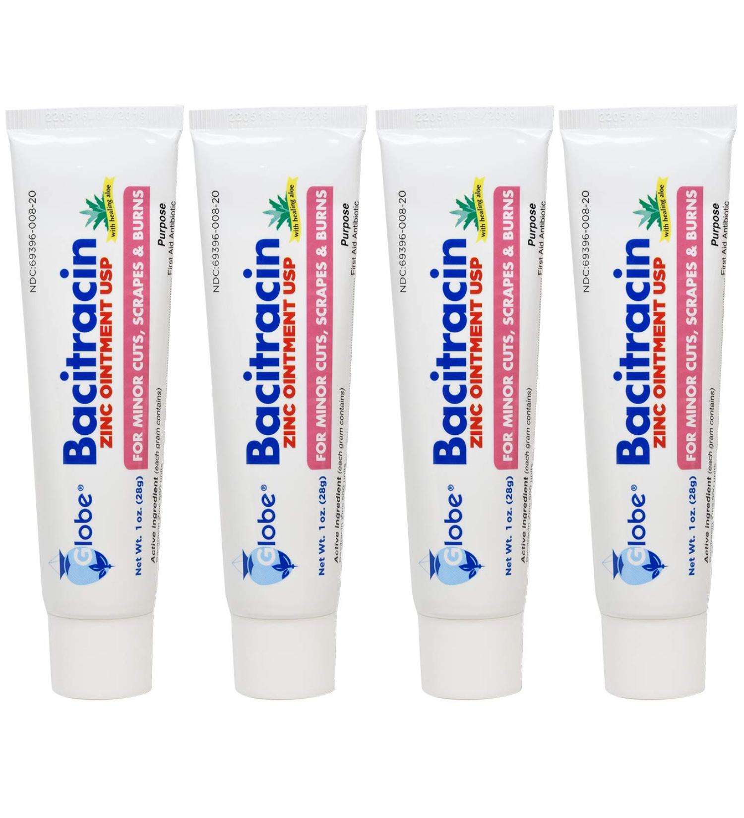 (4 Pack) Globe Bacitracin Zinc Ointment + Aloe 1oz | Antibiotic First Aid Supplies | Maximum Healing Power | Prevents Infection in Cuts, Scrapes & Burns - Buy Online on GoSupps.com