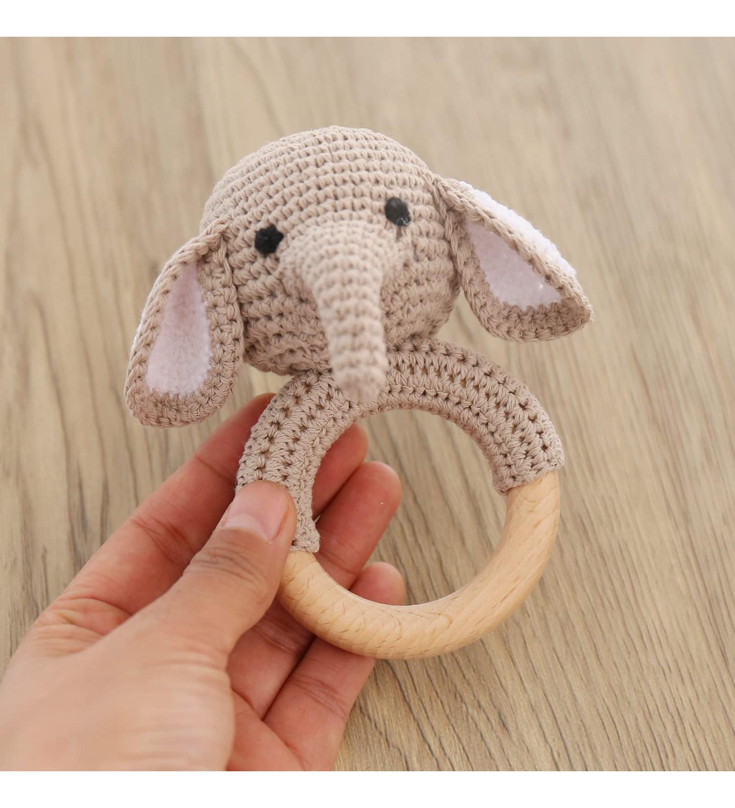 Yieur Crocheted Gray Elephant Baby Assel - Handmade Wooden Gripping Ring & Toy Gift for Infants - Ideal for Boys & Girls - Buy Online on GoSupps.com