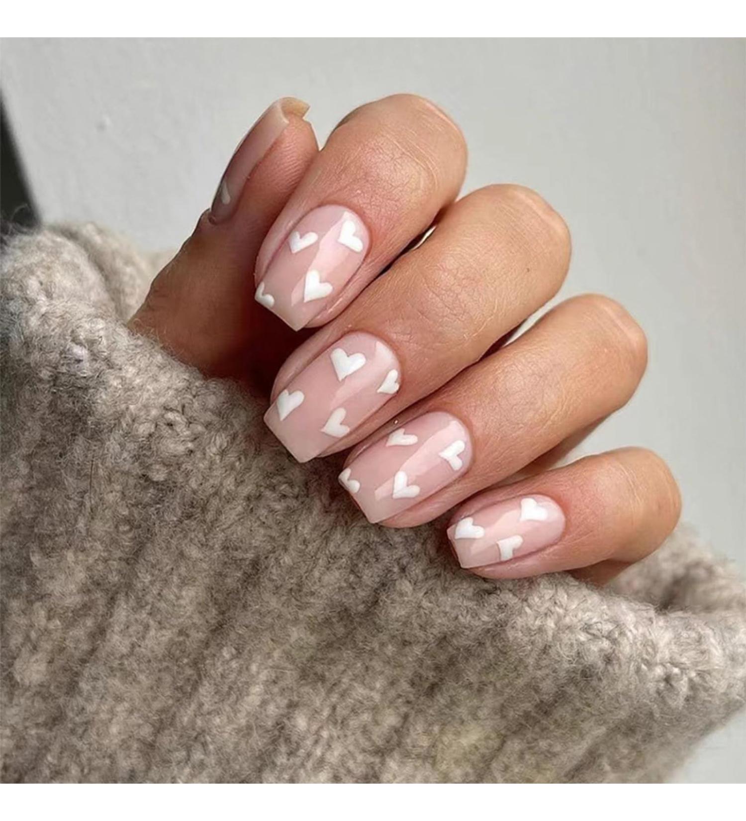 24pcs White Heart Square False Nails - Short Press on Nails for Women & Girls | Removable Glue-on Fake Nails - Nail Art Accessories - Buy Online on GoSupps.com