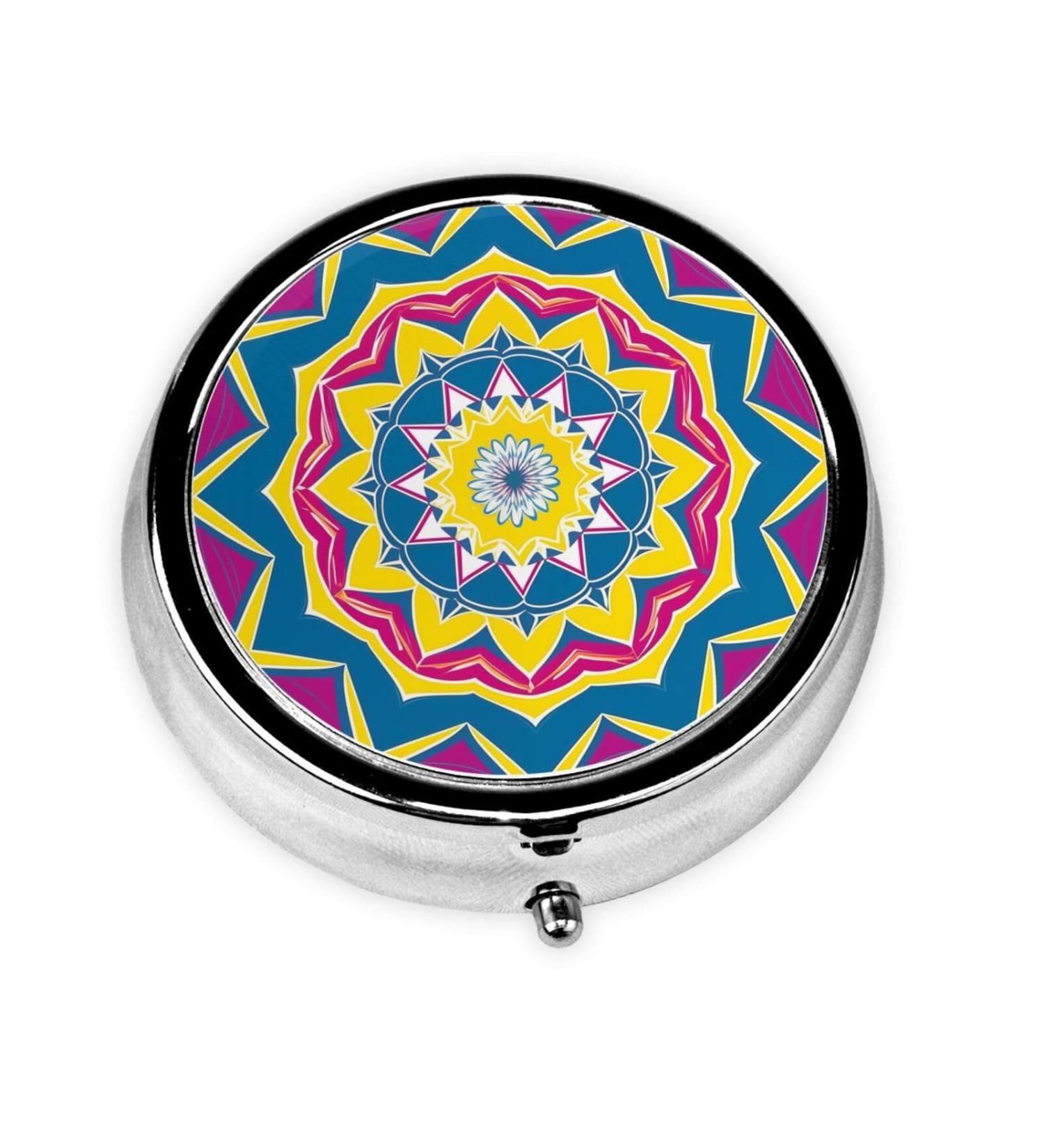Geometric Round Floral Pattern Portable Metal Pill Box 3-Compartment Travel Essential for Small Pills - Buy Online on GoSupps.com
