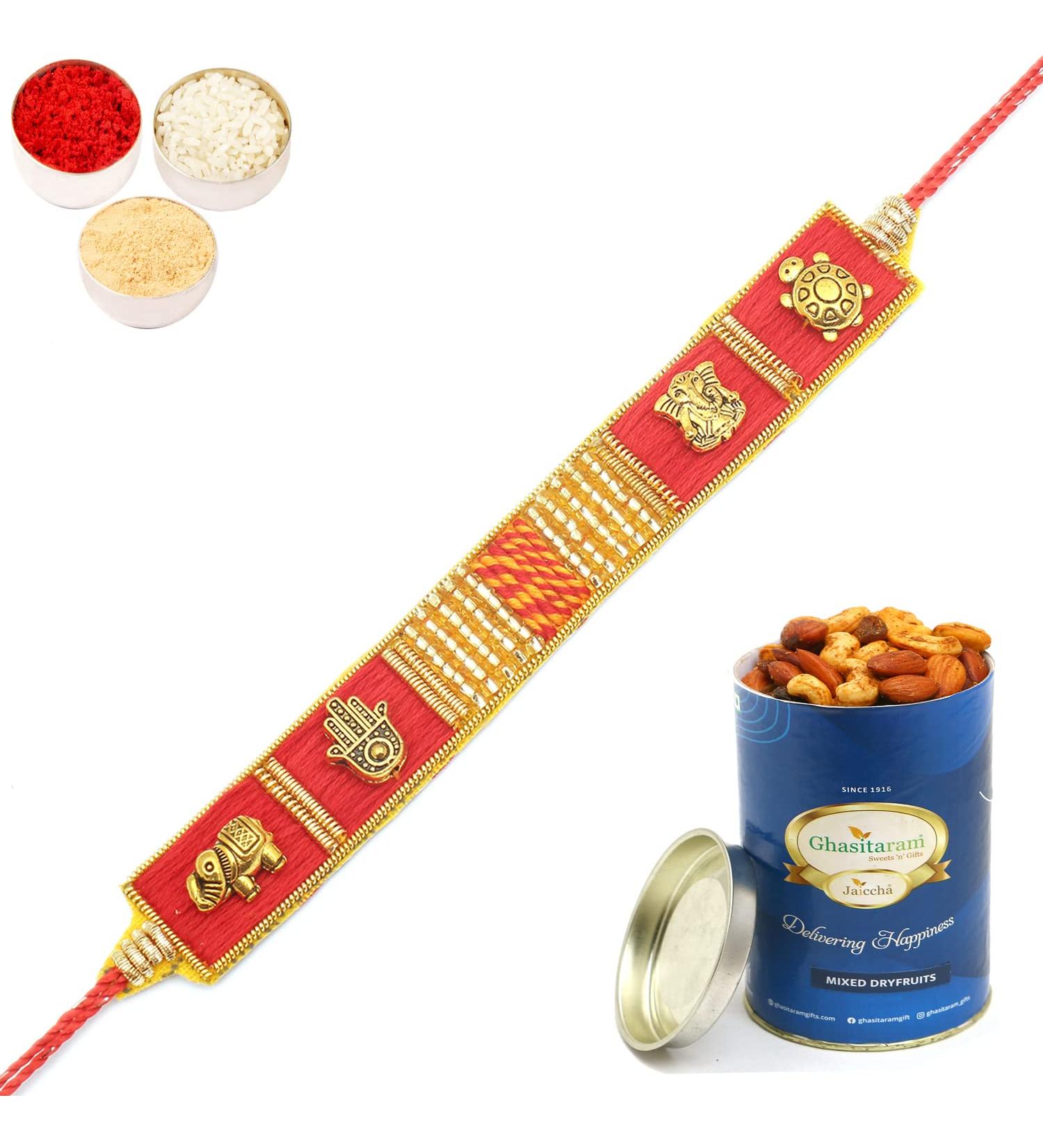Ghasitaram Gifts Rakhi for Brother Rakhis Online - RM600 - Red Traditional Bracelet Rakhi with 100 GMS of Dryfruits Mix Can Rakhi Set with 100 gms of Dryfruits Mix Can - Buy Online on GoSupps.com
