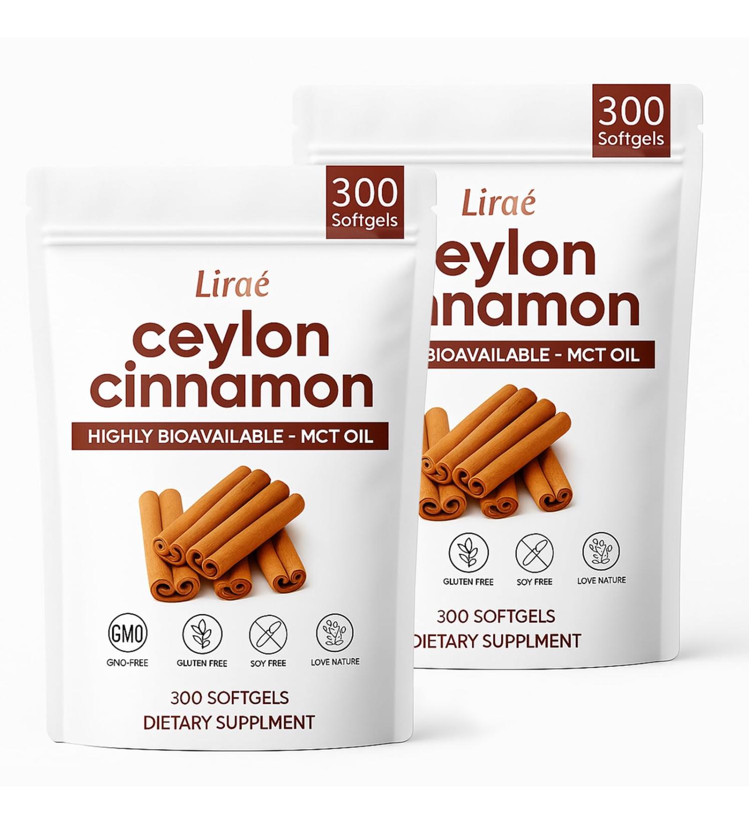 LIRAE Ceylon Cinnamon Ceylon Cinnamon Soft Gels 7200mg with MCT Oil Highly Bioavailable Herbal Extract for Energy Heart & Metabolism Support Non-GMO Gluten Free 300 Softgels (2) - Buy Online on GoSupps.com