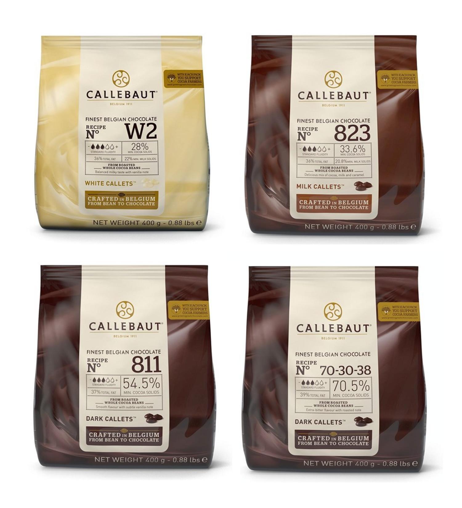 Callebaut 4 x 400g Bundle - Belgian Dark Milk & White Chocolate Couverture (Callets) - Buy Online on GoSupps.com