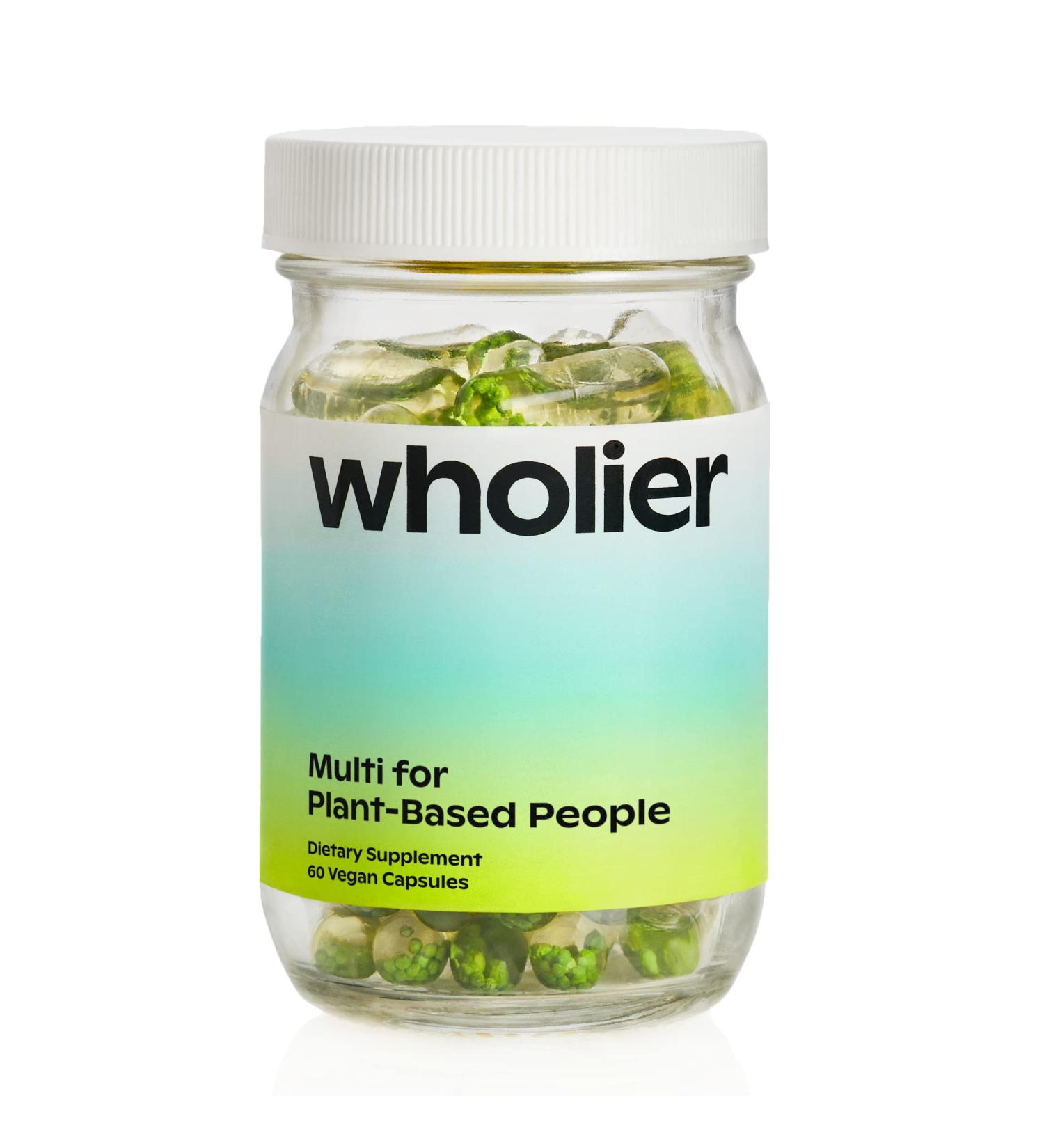 Wholier Plant-Based Multivitamin with Omega-3 DHA, EPA, Vitamin D, B12, Zinc, K2, Iron, Iodine, Selenium - 60 Count Glass Bottle - Buy Online on GoSupps.com