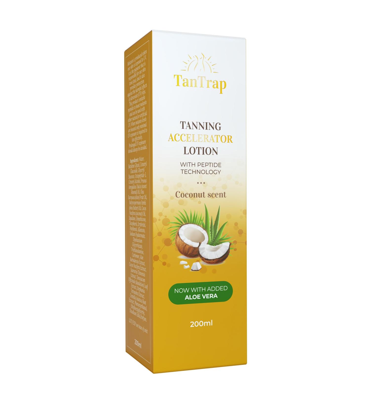 Peptide Tanning Accelerator Lotion 200ml | Melanin Activating Peptides | Aloe Vera | Coconut Scent | For Outdoor and Tanning Bed Use | Tantrap - Buy Online on GoSupps.com