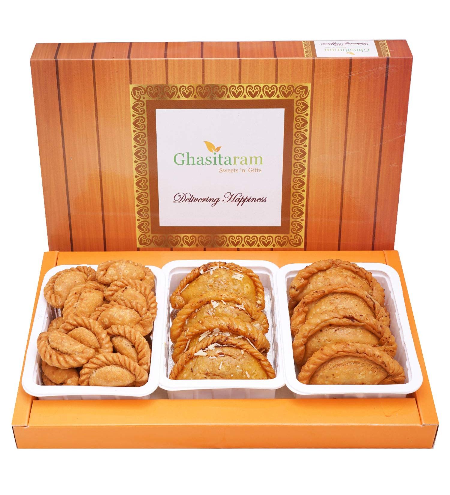Ghasitaram Gift Holi Sweets Holi Gifts Holi Hamper Assorted Box of Traditional Dry Sweet and Farsaan Gujiyas |Gift for Diwali Holi Rakhi Valentine Christmas Birthday Anniversary Her Him| - Buy Online on GoSupps.com